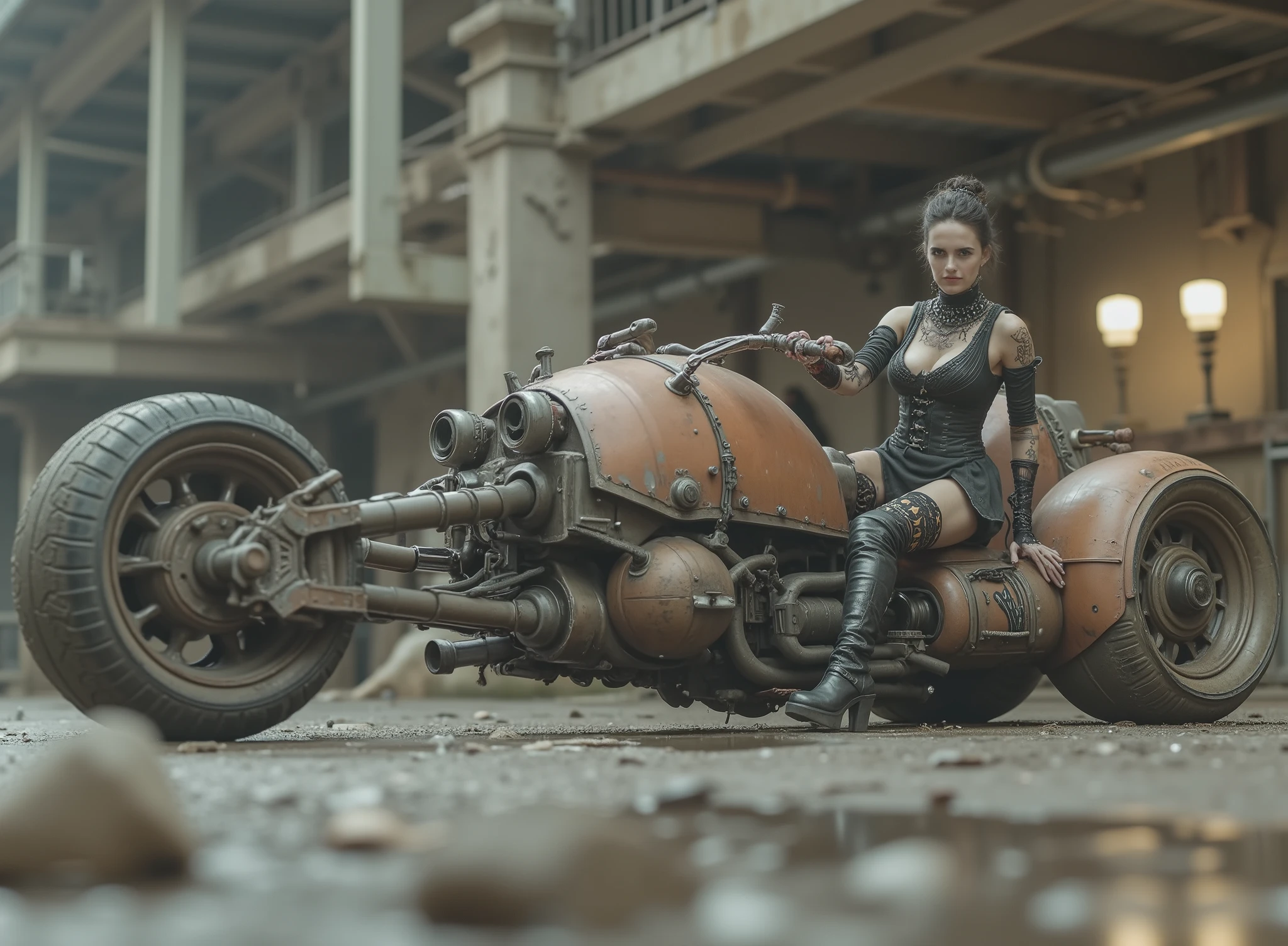 The image shows a desolate stage with a Renegade Princess, and taking the handlebars to adapt to the speed on a uniquely designed motorcycle that embodies a steampunk or post-apocalyptic aesthetic. The motorcycle is sturdy, has only 2 sturdy all-terrain wheels, with a mix of exposed mechanical components, are evident such as large barrels and intricate pipes,  with a worn palette of rusty colors and graffiti that hint at its robust durability. the renegade princess, dressed in a striking black gothic dress with corset, straps and chains as well as punk jewelry and industrial calf-length boots, radiates confidence with her miniskirt. Her outfit suggests a rebellious and daring style wearing lots of punk silver jewelry and showing off her Aztec tattoos, to complement the intense environment. The dark, desolate and deserted industrial background,  which contrasts with the elegance of the motorcycle. The ground is wet, possibly due to the recent rain, that reflects light weight and that contributes to changing environment of the scene. Elements of dirt and decay are evident, but the composition retains a sense of dynamic action and adventure.
