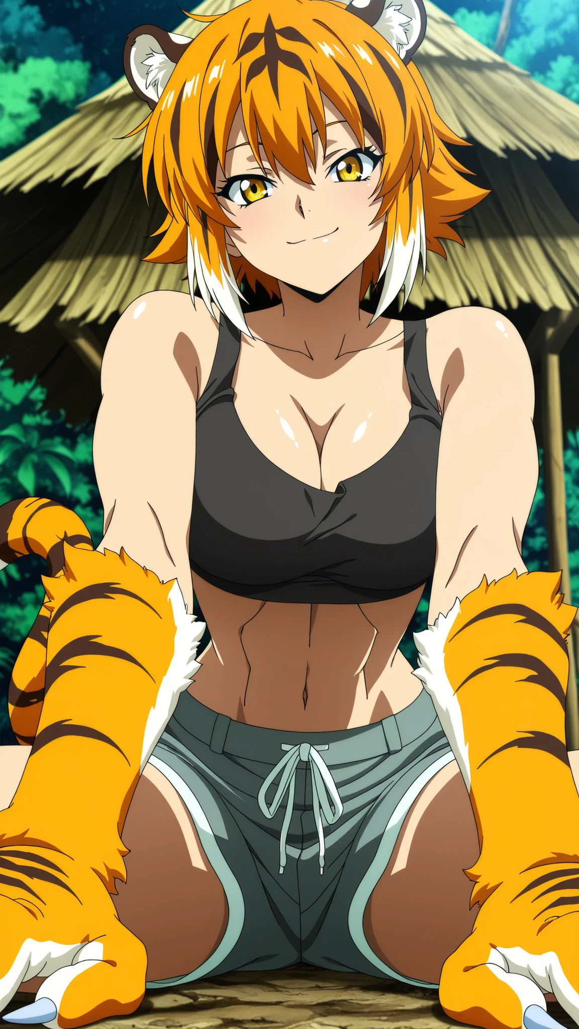 M4gicalL1nes, masterpiece, ultra-HD, high detail, best quality, 8k, best quality, ergonomic, depth of field, (anime coloring, anime screencap:1.5), official art. refined, detailed, (dynamic pose), dynamic composition, dynamic angle, foreshortening, solo, female, short hair, yellow eyes, tiger girl, tiger ears, hut, tiger tail:0.3, furred hands, beast hands, midriff, toned, shorts:0.1, light skin, close up, furred arms, very large breasts, curvaceous, upper body close up, tight waist, girly, cutesy, beautiful, warm light, facing viewer, cleavage, large claws, toned, long eyelashes, muscular, extremely tall, jungle hut, comfortable, relaxed pose, sitting, broad shoulders, playful smile, outdoors, laidback, colourful, perspective