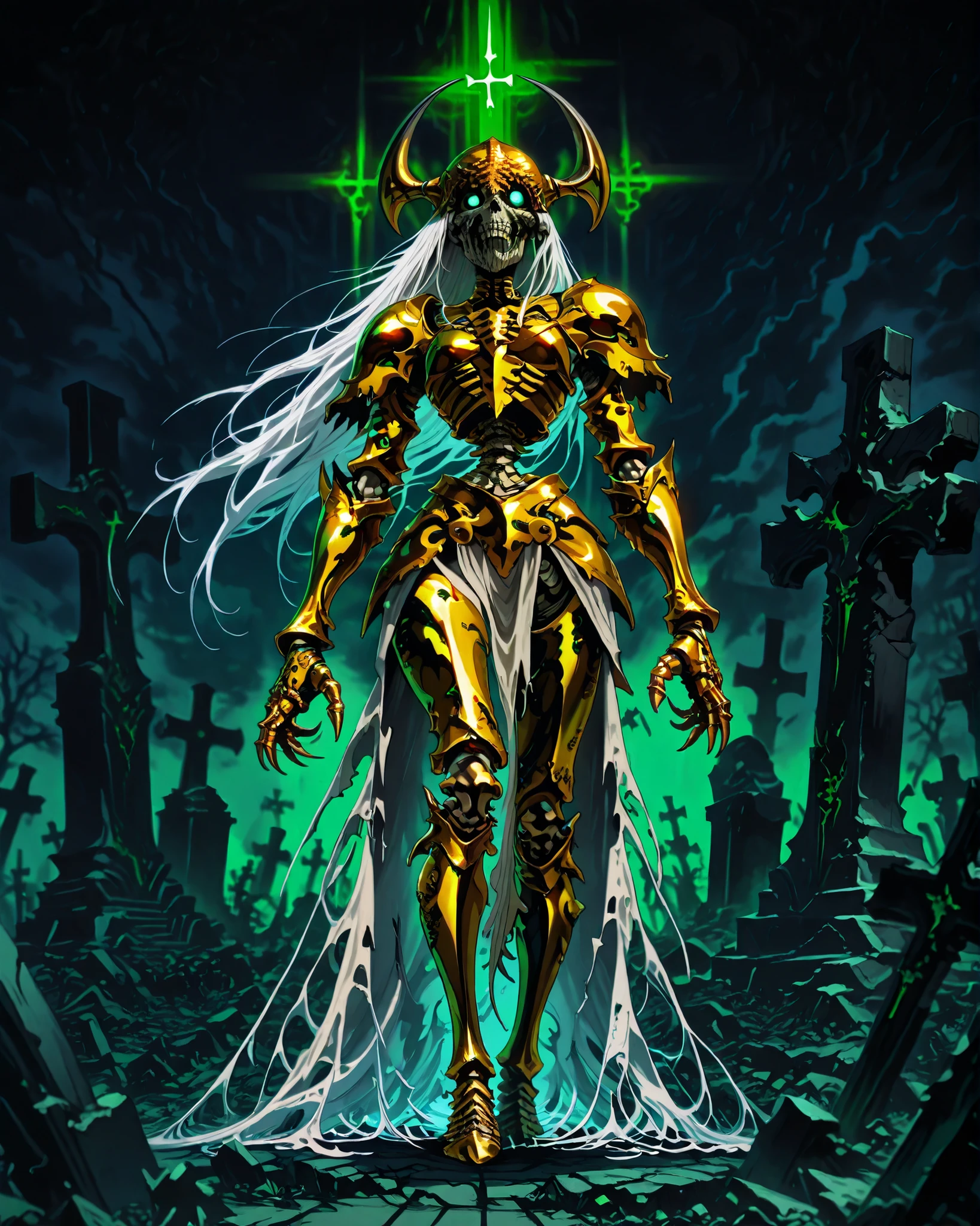 (masterpiece, best quality, 4k, anime illustration, dark fantasy, horror, golden armor, cinematic lighting), a pale anime girl with long flowing white hair, golden crab-inspired armor with claw-like gauntlets, skeletal motifs carved into the armor, standing in a graveyard of broken crosses, eerie green light
