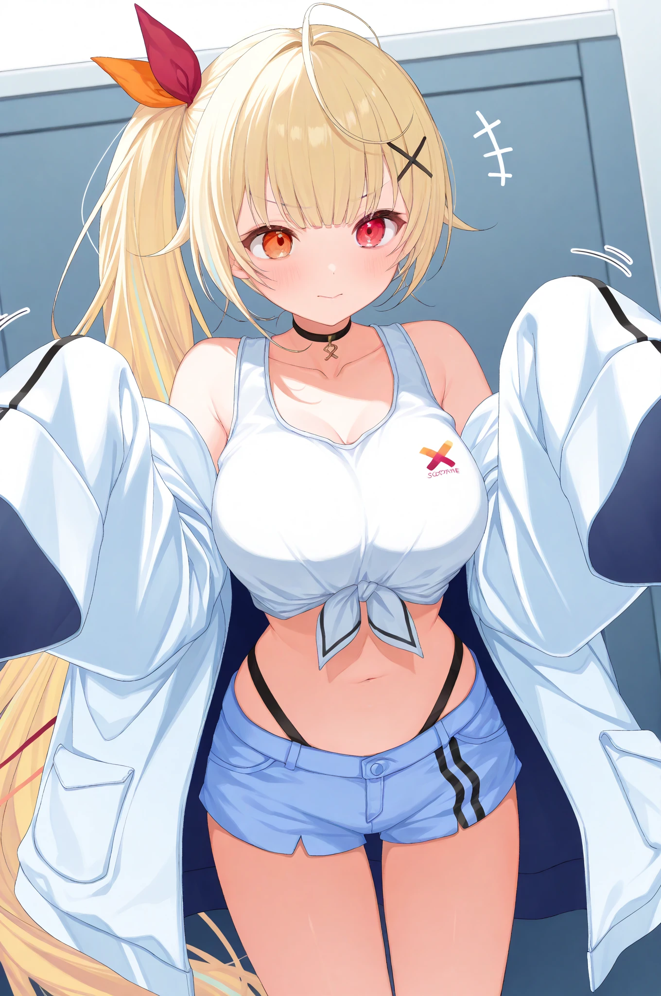 (masterpiece, best quality), 1girl, <lora:Marblehead:0.8> Marblehead, 1girl, solo, blue eyes, blonde hair, dark-skinned female, large breasts, hair ornament, black thighhighs, long sleeves, cleavage, ahoge, sidelocks, open clothes, short shorts, hairclip, leotard, streaked hair, white coat, covered navel, thigh strap, black shorts, short hair with long locks, gyaru, breast tattoo