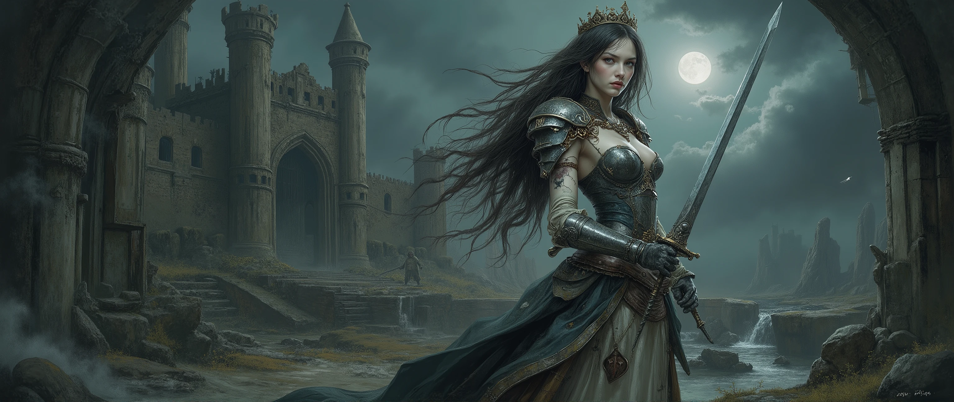 Epic oil painting    , 16 thousand.,    photo quality,   The fantasy zone  , science fiction, complex texture, Highly detailed and delicate fantasy illustration in an elegant style, a rogue princess in an epic, with a torn dress, mixed with pieces of armor, crown knocked to one side and a sword in her hand. Environment - a ruined castle, moonlit, with strong winds, atmosphere that make her long hair fly.  she conveys strength , rebellion and independence, with a determined facial expression and provocative gaze. is very detailed, realistic, setting with a dark and cinematic