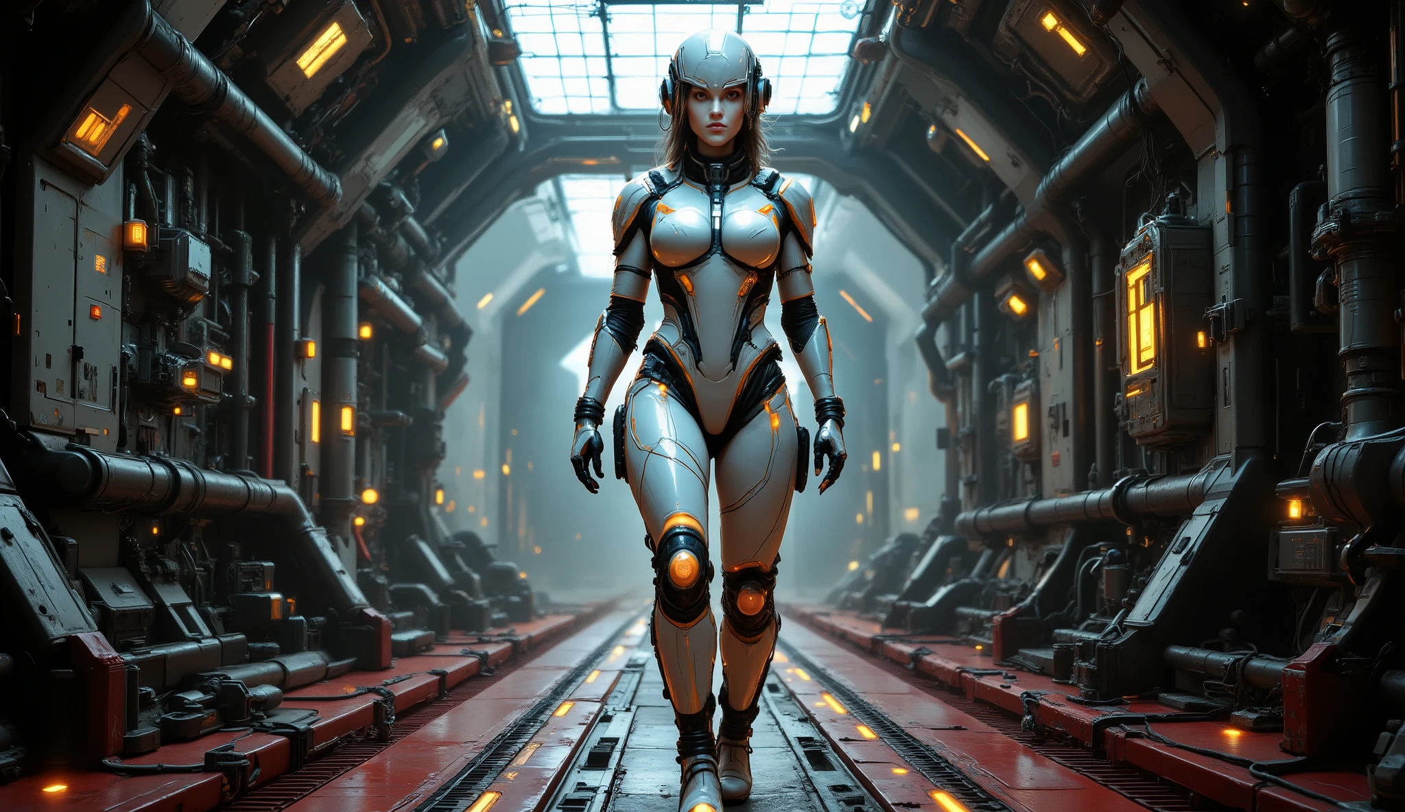 A highly detailed sci-fi scene inside a large space station. A beautiful woman wears futuristic white servomechanical armor with sleek curved lines and bright orange accents, molded to a woman's body. (((She wears Kevlar-shell boots with pneumatic adjustments; yellow lights monitor gravitational pull))). Various devices illuminate the armor in bioluminescent orange. A hyper-realistic portrait of a graphic woman equipped with the latest gadgets and technological equipment, always looking to the future, a little crazy and old-fashioned, but also very elegant. She walks down a red metal walkway. Surrounded by massive industrial metal structures, advanced machinery, futuristic vehicles, and shiny technological equipment. The large translucent ceiling panel creates a slightly dark atmosphere, creating a grand and immersive futuristic atmosphere. Realistic rendering, cinematic lighting, high resolution, intricate detail, cinematic texture, CG rendering.
