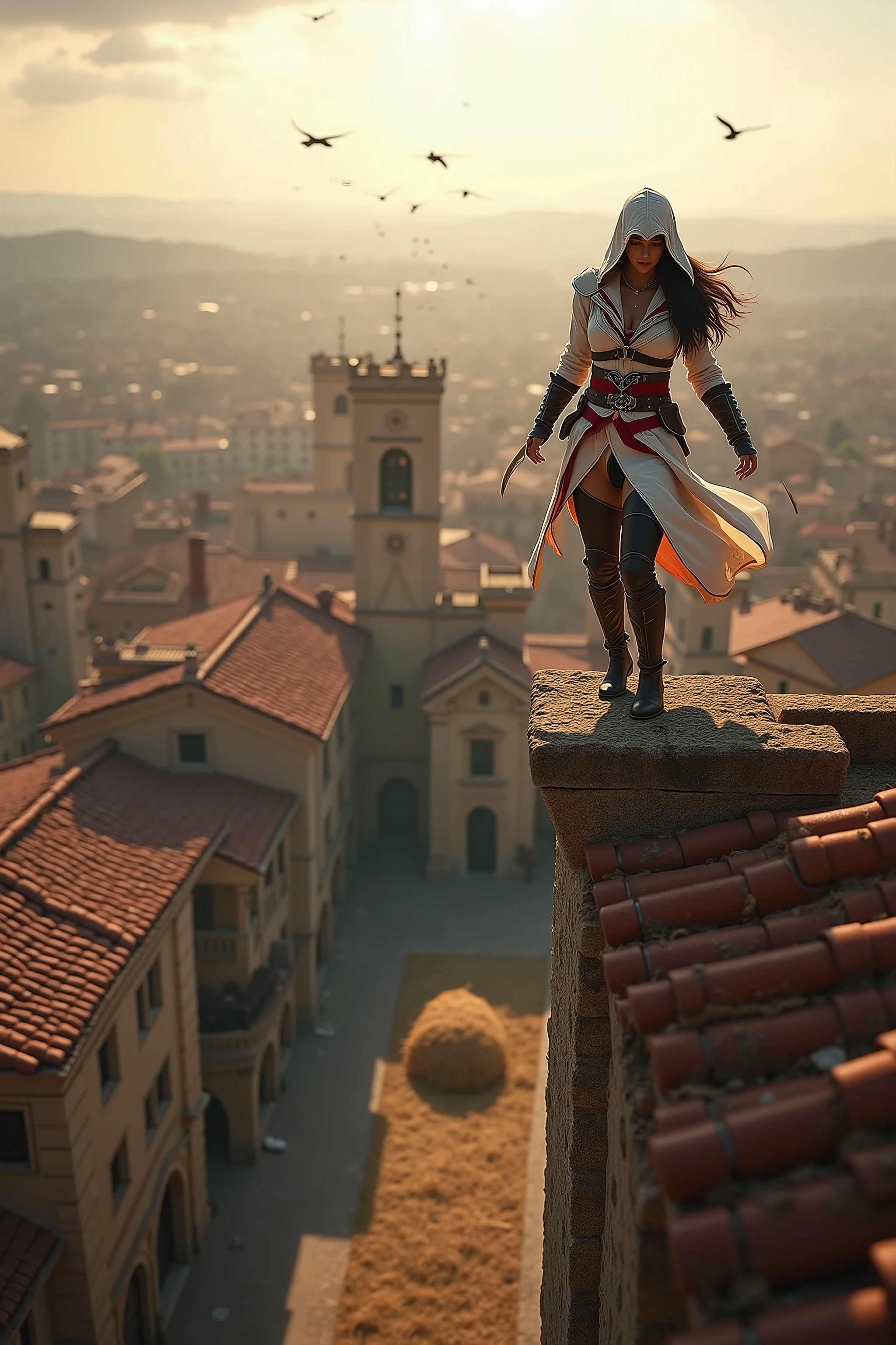 💋 Assassinen-Sprung vom Turm in den Heuhaufen - Gedächtniskorridor-Moment
🌟 Assassin's Creed Cinematik-Qualität, dramatic wide-angle perspective, golden hour lighting, epic video game aesthetics, Wind-Effekte in Kleidung und Haaren
🌌 Mittelalterliche Stadtansicht von einem hohen Kirchturm aus, red tile roofs extend to to the horizon, narrow alleys between stone buildings, a strategically placed haystack directly under the tower, Vögel kreisen in der Ferne
😈 Weibliche Assassinin in charakteristischer weißer Kapuzen-Robe mit roten Akzenten, hidden blades on the wrists, athletische Figur, dark hair under the hood, leather armor and belt with tools, sharp, concentrated facial features, She stands on the top of the church tower.
🔥 She is standing at the very edge of the spire, arms spread slightly for perfect balance, looking down at the haystack, muscles tense before jumping, Her robe flutters in the wind, moment of absolute concentration and confidence in their abilities