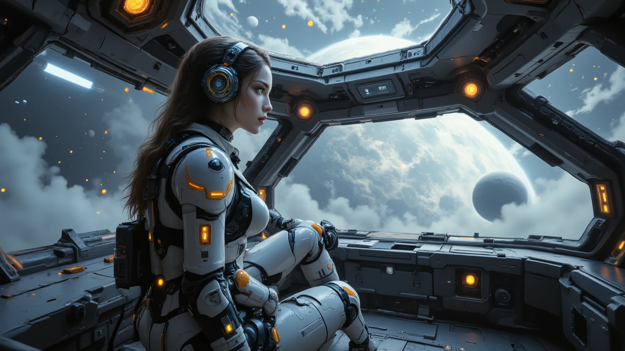 A highly detailed science fiction scene inside a large space station. A beautiful woman wears futuristic white servomechanical armor with sleek curved lines and bright orange accents, molded to a woman's body. (((She wears Kevlar shell boots with pneumatic adjustments, yellow lights monitor gravitational pull))). Various devices illuminate the armor in bioluminescent orange. A hyper-realistic portrait of a graphic woman equipped with the latest gadgets and technological equipment, always looking to the future, a little crazy and old-fashioned, but also very elegant. The overall style is simple and futuristic. The scene is the interior of a spaceship, and the general perspective is upward. The interior style of the space capsule is in the style of medieval Europe. The ship's windows are panoramic. Several planets can be seen through the window, and the ship is very close to one of them. The window takes up a large portion of the image, and the window glass is a single piece. The overall atmosphere of the image is mysterious and technological. The spaceship has distinct edges and corners.