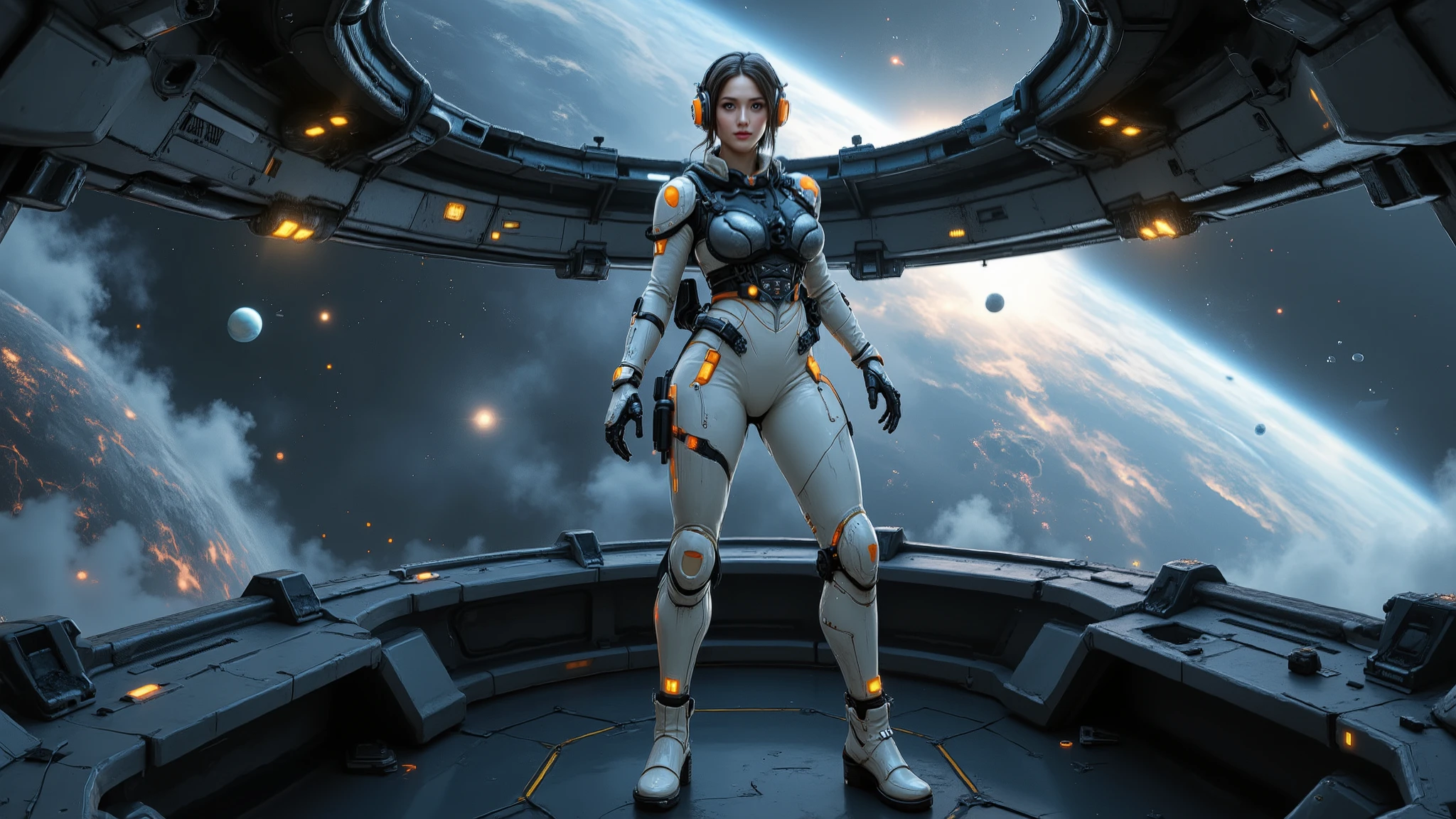 A highly detailed science fiction scene inside a large space station. A beautiful woman wears futuristic white servomechanical armor with sleek curved lines and bright orange accents, molded to a woman's body. (((She wears Kevlar shell boots with pneumatic adjustments, yellow lights monitor gravitational pull))). Various devices illuminate the armor in bioluminescent orange. A hyper-realistic portrait of a graphic woman equipped with the latest gadgets and technological equipment, always looking to the future, a little crazy and old-fashioned, but also very elegant. The overall style is simple and futuristic. The scene is the interior of a spaceship, and the general perspective is upward. The interior style of the space capsule is in the style of medieval Europe. The ship's windows are panoramic. Several planets can be seen through the window, and the ship is very close to one of them. The window takes up a large portion of the image, and the window glass is a single piece. The overall atmosphere of the image is mysterious and technological. The spaceship has distinct edges and corners.