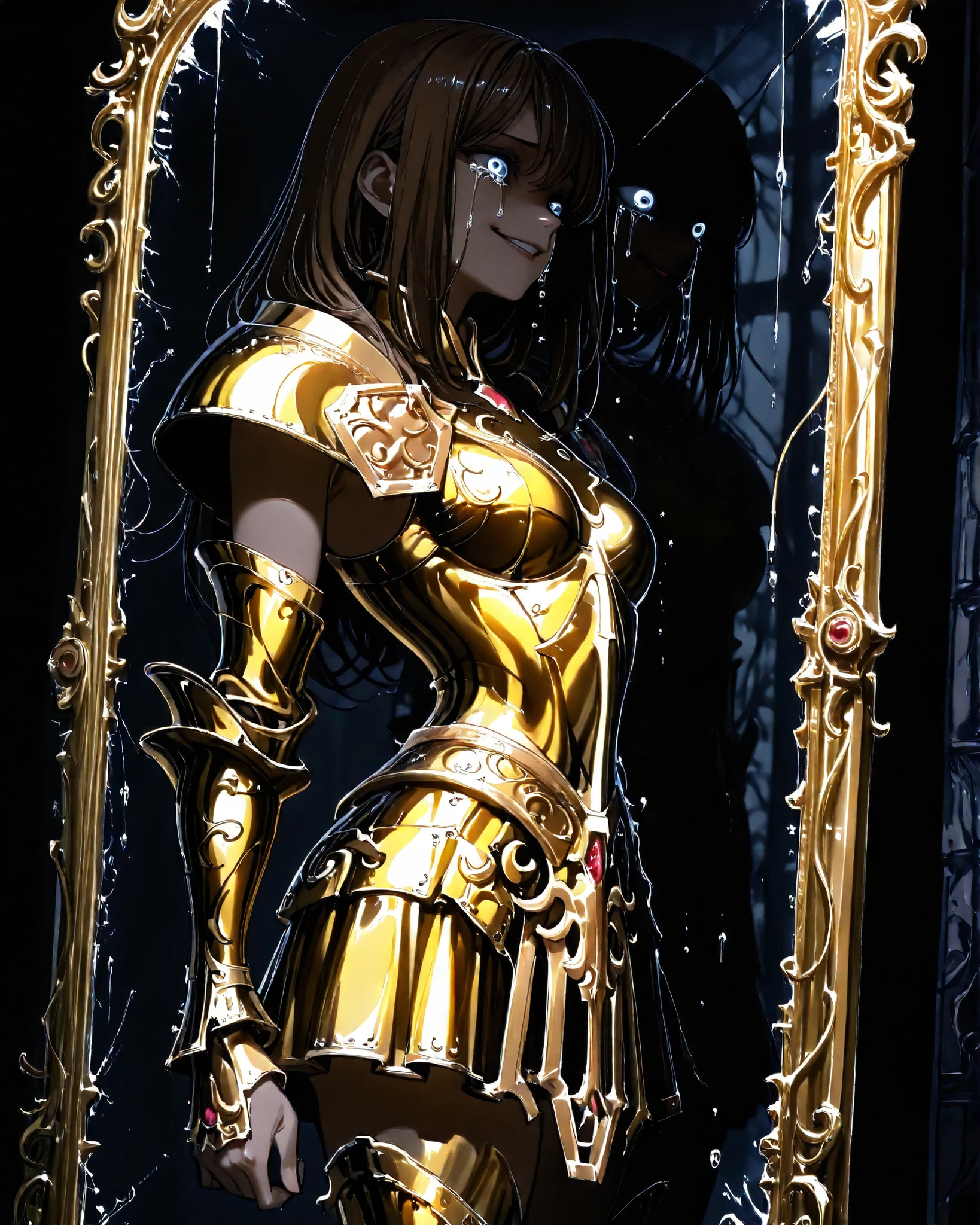 side angle, close-up:1.12, (masterpiece, best quality, 4k, anime illustration, dark fantasy, horror, cinematic lighting), {1woman}:(a mysterious woman with a mischievous smile, wearing golden armor, standing in front of a mirror with her reflection terrified and crying), perfect lighting creating shadows