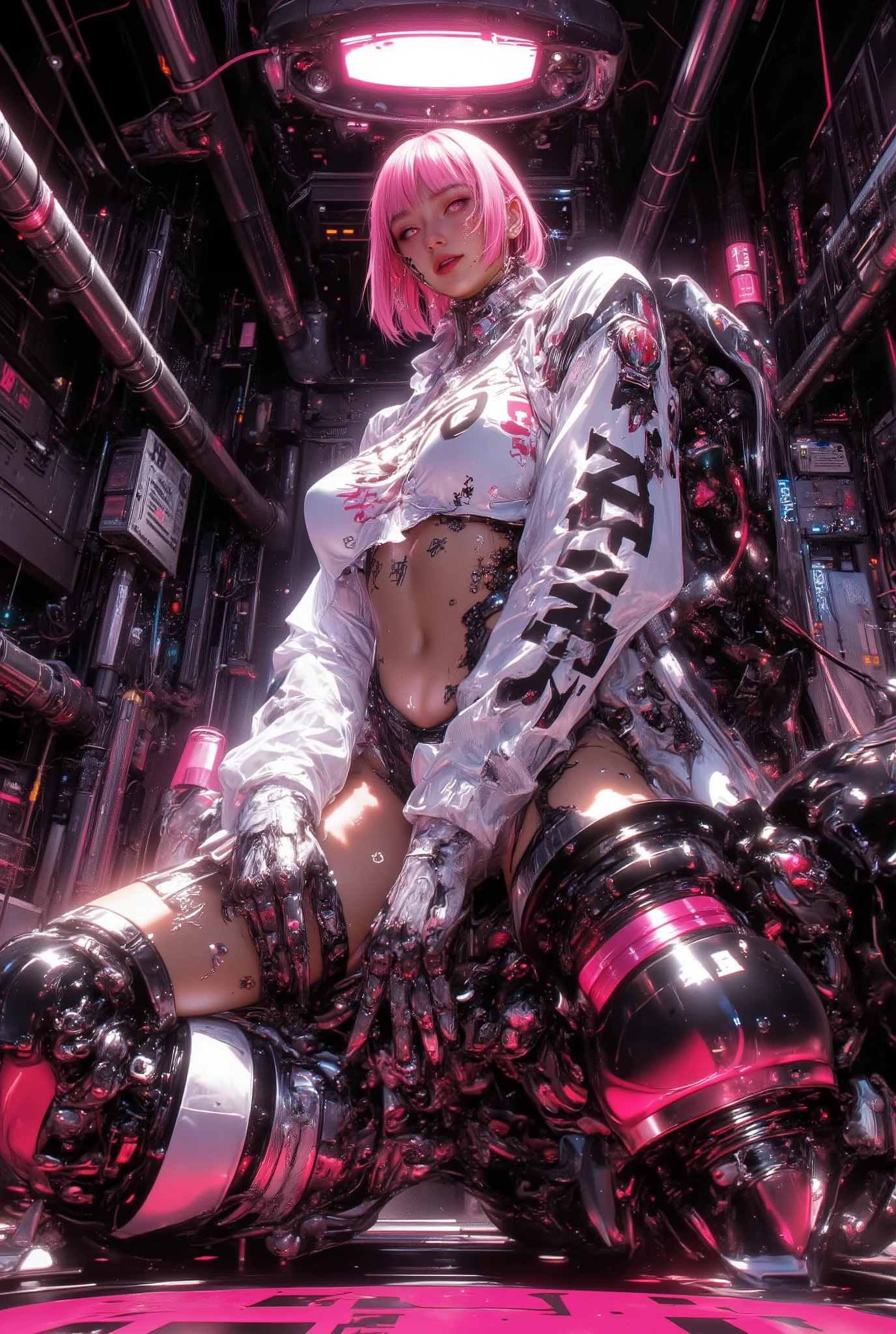 Important (spaceship, sparkles, old computer, electronics, main baords, cables, stockings, socks, very wide hips, thicc lower body):
Scene (giger style, alien spaceship pipe corridor, huge dildos, adult toys, mechanical sex toys):
Character Face (open mouth, make up, wet lips, horny, orgasm):
Character Body (long legs, wide hips, thin waist, big breast, thick legs, sweat, white long nails):
Character Hair (pink bob hair cut:
Character Clothes trans luminescent clothing, transparent shining boots, trans luminescent, the trail of her waking is like neon, covered in glass textures, view of cyberpunk cityscapemini skirt, white spacesuit, white underboob harness, white thigh high boots, high heels, long boots, garter belt, big letters on clothes, FCK letters):
Character Pose and action (showing pussy, bending, spread anus, masturbating, gape anus):
Camera (low angle);