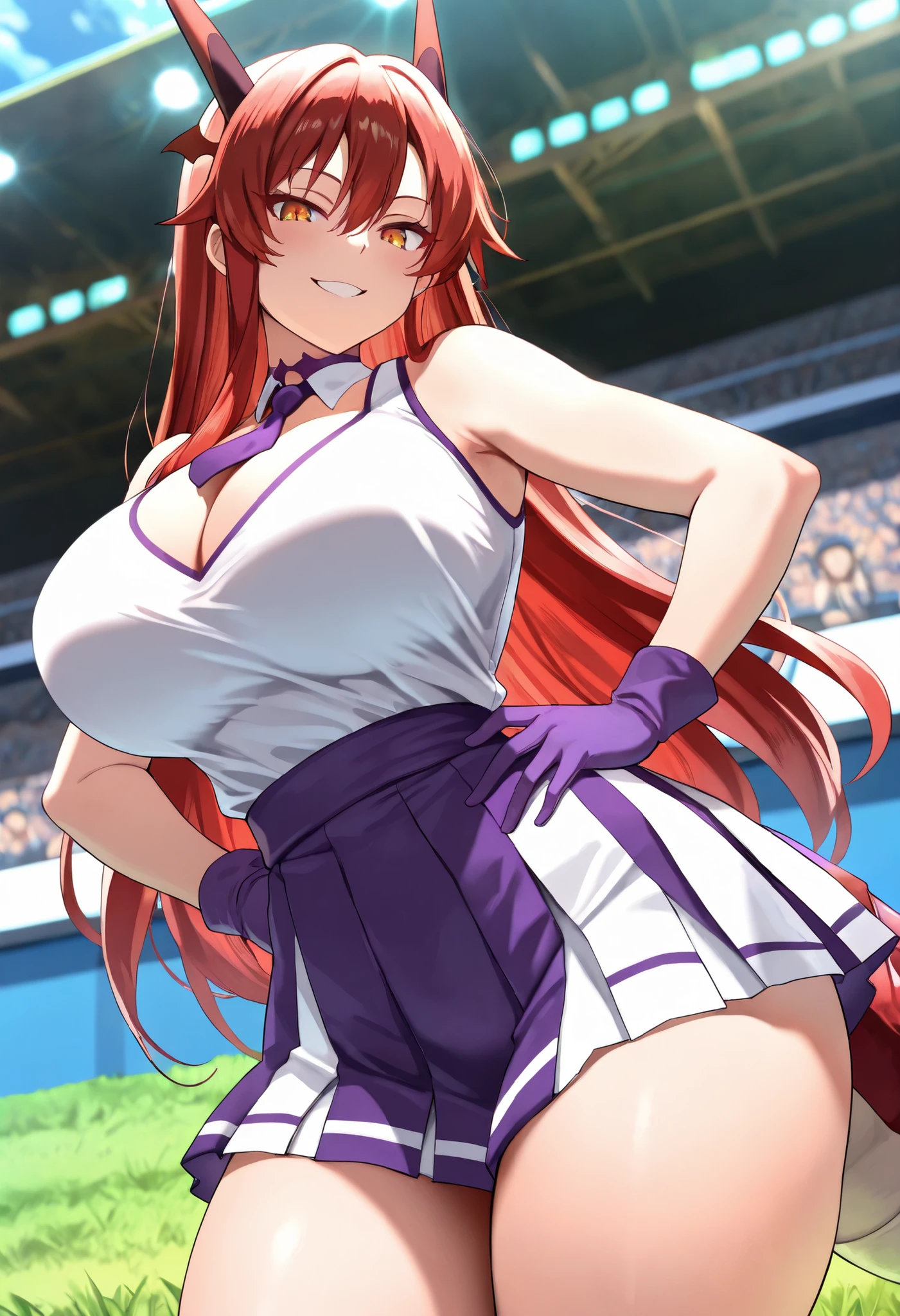(best quality, masterpiece, ultra detailed, high resolution), Beautiful , tall, score_9, anime style, Masterpiece, best quality, 1girl, purple necktie, solo,tania, amber eyes, single sidelock, red hair, long hair, hair between eyes, head wings, dragon horns,, , ,, purple choker, detached collar, cleavage, thick thighs, look at viewer, smiling,  shoulders, purple gloves, , purple necktie, purple pom-pom, two-tone shirt , white shirt , cheerleader costume, cheerleader , , midriff, shirt tucked in, crop top, oudoors, lawn background, grass, from below, hands on ,  eyes, dragon tail, 