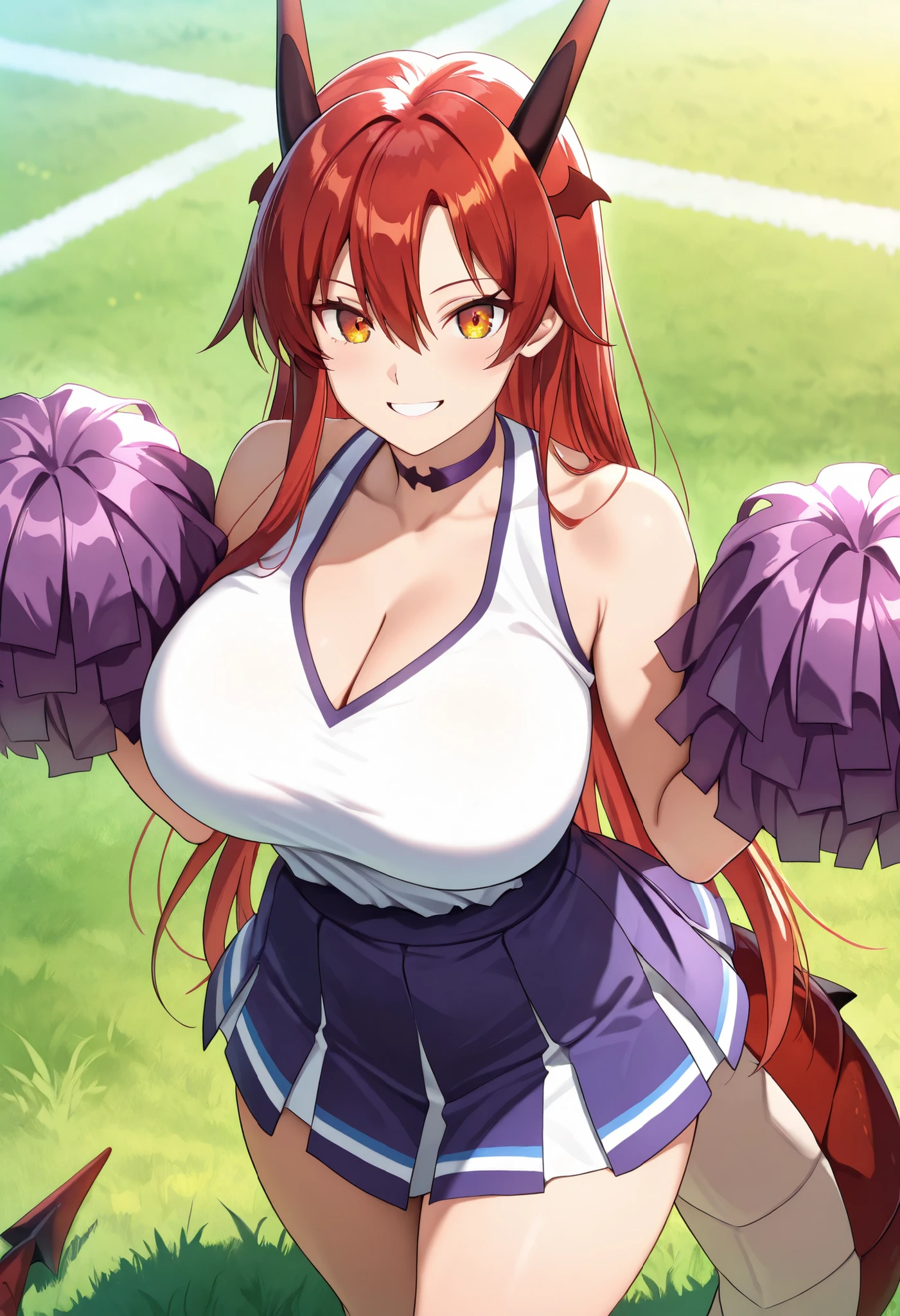 (best quality, masterpiece, ultra detailed, high resolution), Beautiful , tall, score_9, anime style, Masterpiece, best quality, 1girl, purple necktie, solo,tania, amber eyes, single sidelock, red hair, long hair, hair between eyes, head wings, dragon horns,, , ,, purple choker, detached collar, cleavage, thick thighs, look at viewer, smiling,  shoulders, purple gloves, , purple necktie, purple pom-pom, two-tone shirt , white shirt , cheerleader costume, cheerleader , , midriff, shirt tucked in, crop top, oudoors, lawn background, grass, from above, dragon tail, 