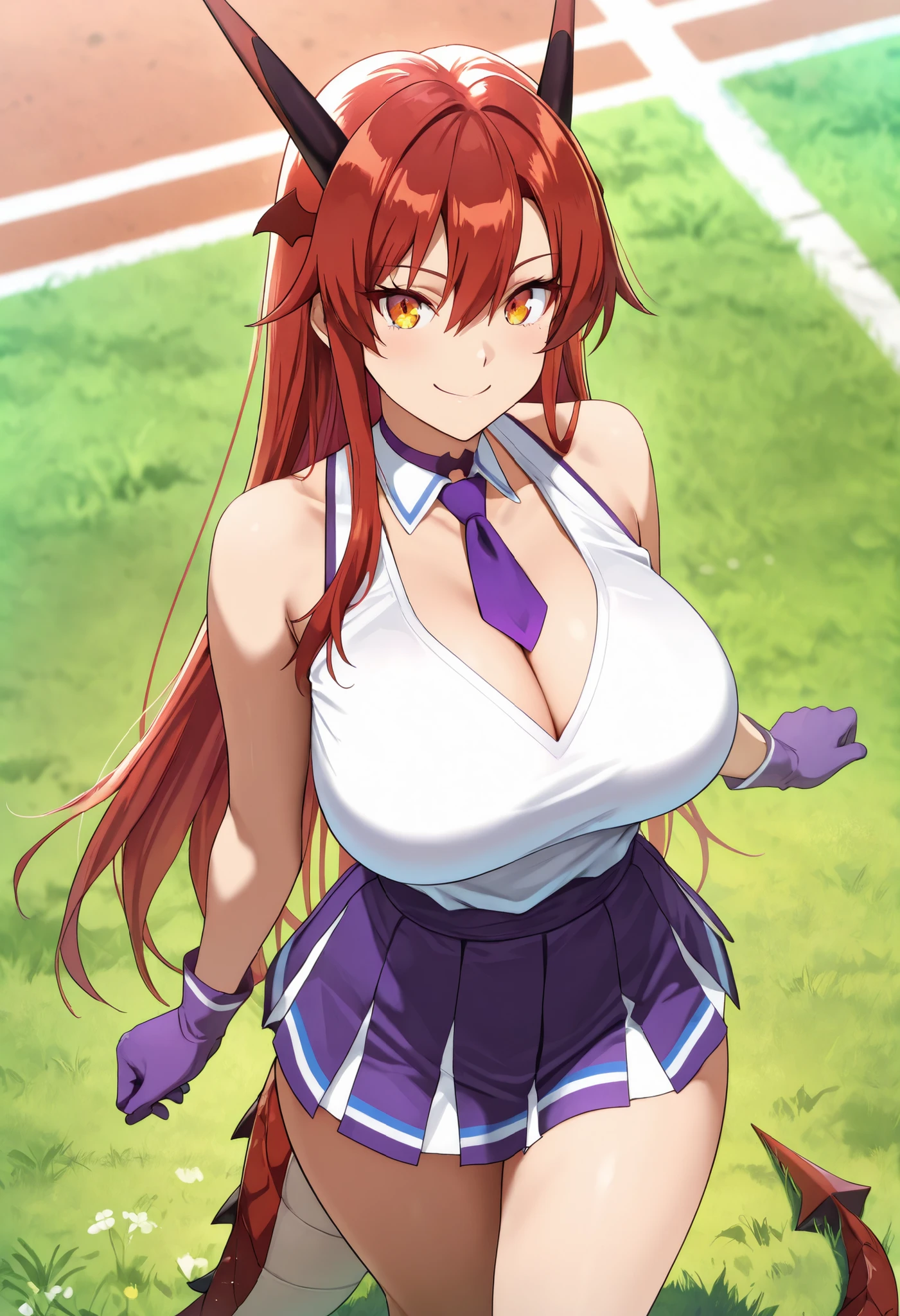 (best quality, masterpiece, ultra detailed, high resolution), Beautiful , tall, score_9, anime style, Masterpiece, best quality, 1girl, purple necktie, solo,tania, amber eyes, single sidelock, red hair, long hair, hair between eyes, head wings, dragon horns,, , ,, purple choker, detached collar, cleavage, thick thighs, look at viewer, smiling, bare shoulders, purple gloves, , purple necktie, purple pom-pom, two-tone shirt , white shirt , cheerleader costume, cheerleader , Big breasts, midriff, shirt tucked in, crop top, oudoors, lawn background, grass, from above, dragon tail,