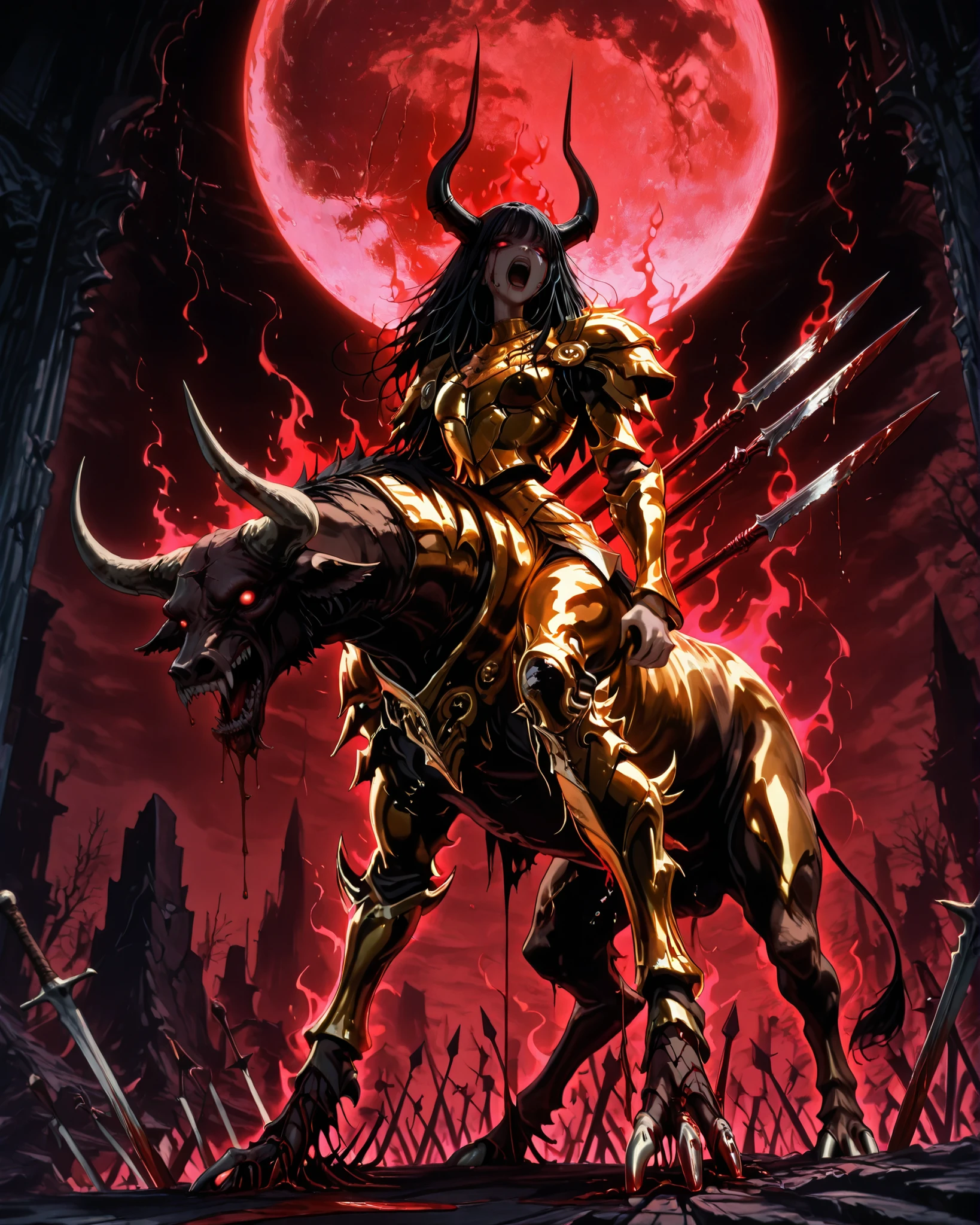 front angle, (masterpiece, best quality, 4k, anime illustration, dark fantasy, horror, cinematic lighting), {1woman}:(a strong woman with long dark hair, wearing a huge golden armor full of details inspired by a golden bull, huge shoulder pads like horns, cracked earth under her feet, blood-red moon behind, aura of sinister terror, several blades and arrows stuck in her back as she screams in pain and agony), perfect lighting with dynamic shadows
