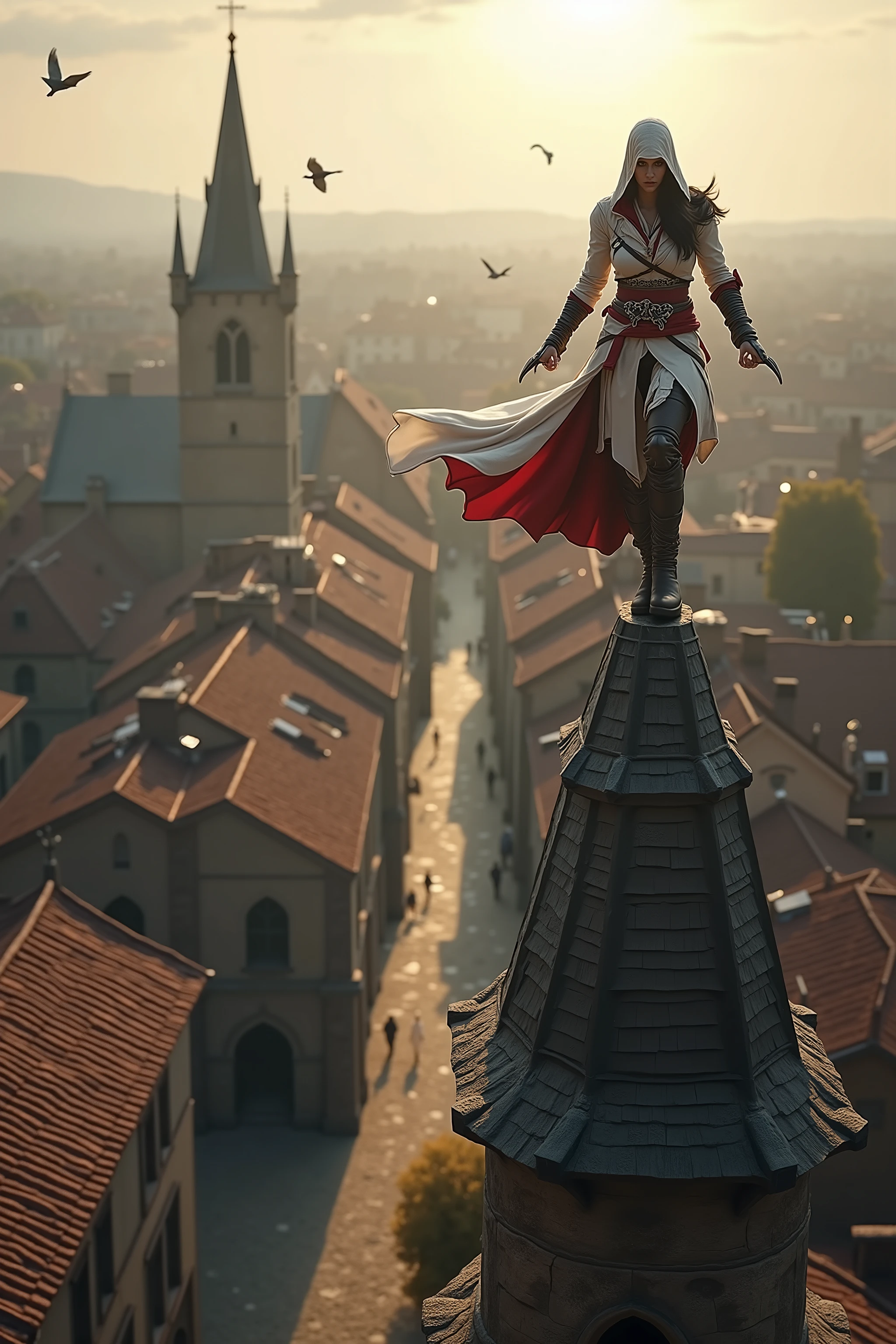 💋 Assassinen-Sprung vom Turm in den Heuhaufen - Gedächtniskorridor-Moment
🌟 Assassin's Creed Cinematik-Qualität, dramatic wide-angle perspective, golden hour lighting, epic video game aesthetics, Wind-Effekte in Kleidung und Haaren
🌌 Mittelalterliche Stadtansicht von einem hohen Kirchturm aus, red tile roofs extend to to the horizon, narrow alleys between stone buildings, a strategically placed haystack directly under the tower, Vögel kreisen in der Ferne
😈 Weibliche Assassinin in charakteristischer weißer Kapuzen-Robe mit roten Akzenten, hidden blades on the wrists, athletische Figur, dark hair under the hood, leather armor and belt with tools, sharp, concentrated facial features, She stands on the top of the church tower.
🔥 She is standing at the very edge of the spire, arms spread slightly for perfect balance, looking down at the haystack, muscles tense before jumping, Her robe flutters in the wind, moment of absolute concentration and confidence in their abilities