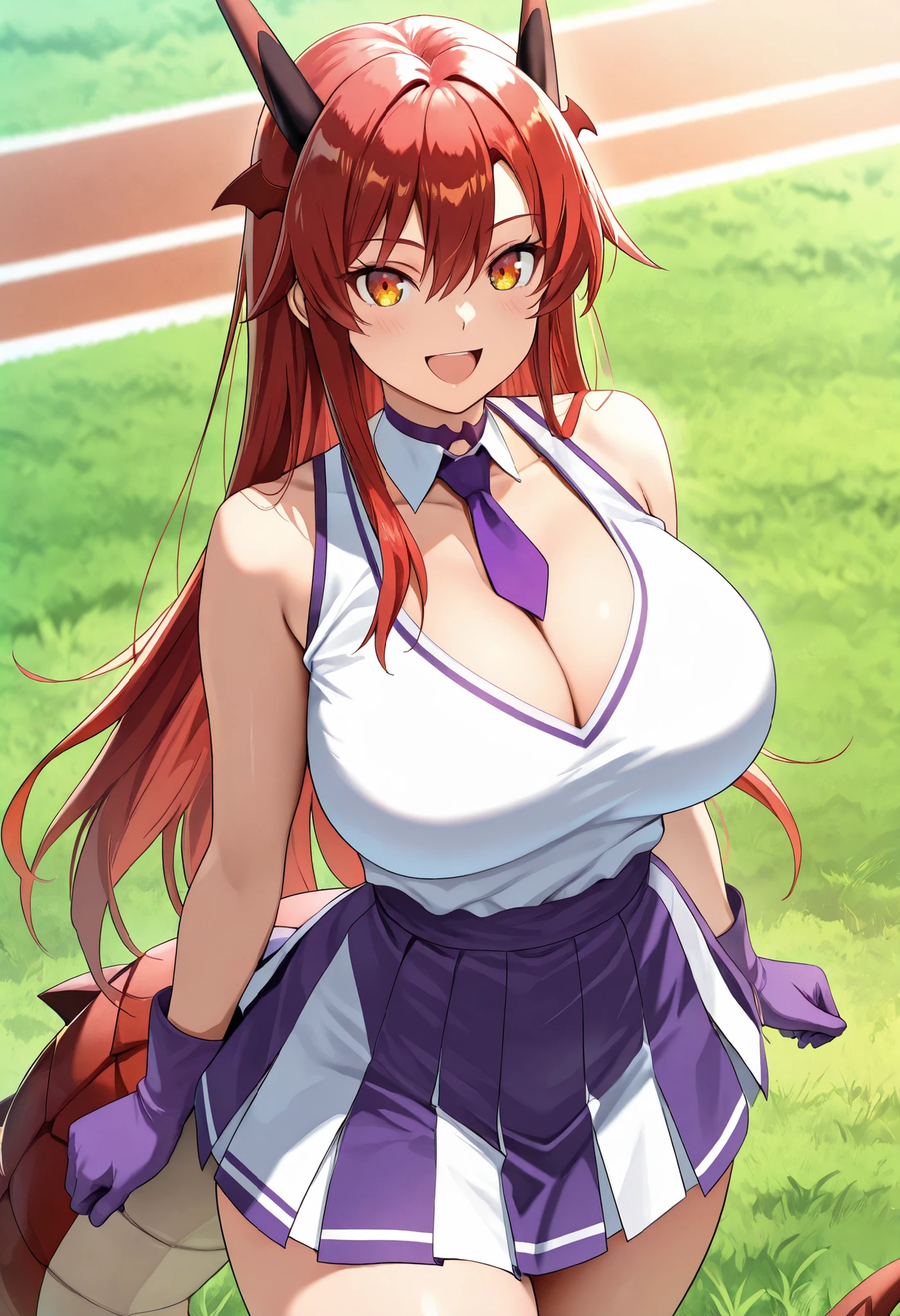 (best quality, masterpiece, ultra detailed, high resolution), Beautiful , tall, score_9, anime style, Masterpiece, best quality, 1girl, purple necktie, solo,tania, amber eyes, single sidelock, red hair, long hair, hair between eyes, head wings, dragon horns,, , ,, purple choker, detached collar, cleavage, thick thighs, look at viewer, smiling, shoulders, purple gloves, , purple necktie, purple pom-pom, two-tone shirt , white shirt , cheerleader costume, cheerleader , , midriff, shirt tucked in, crop top, oudoors, lawn background, grass, dragon tail, :D,