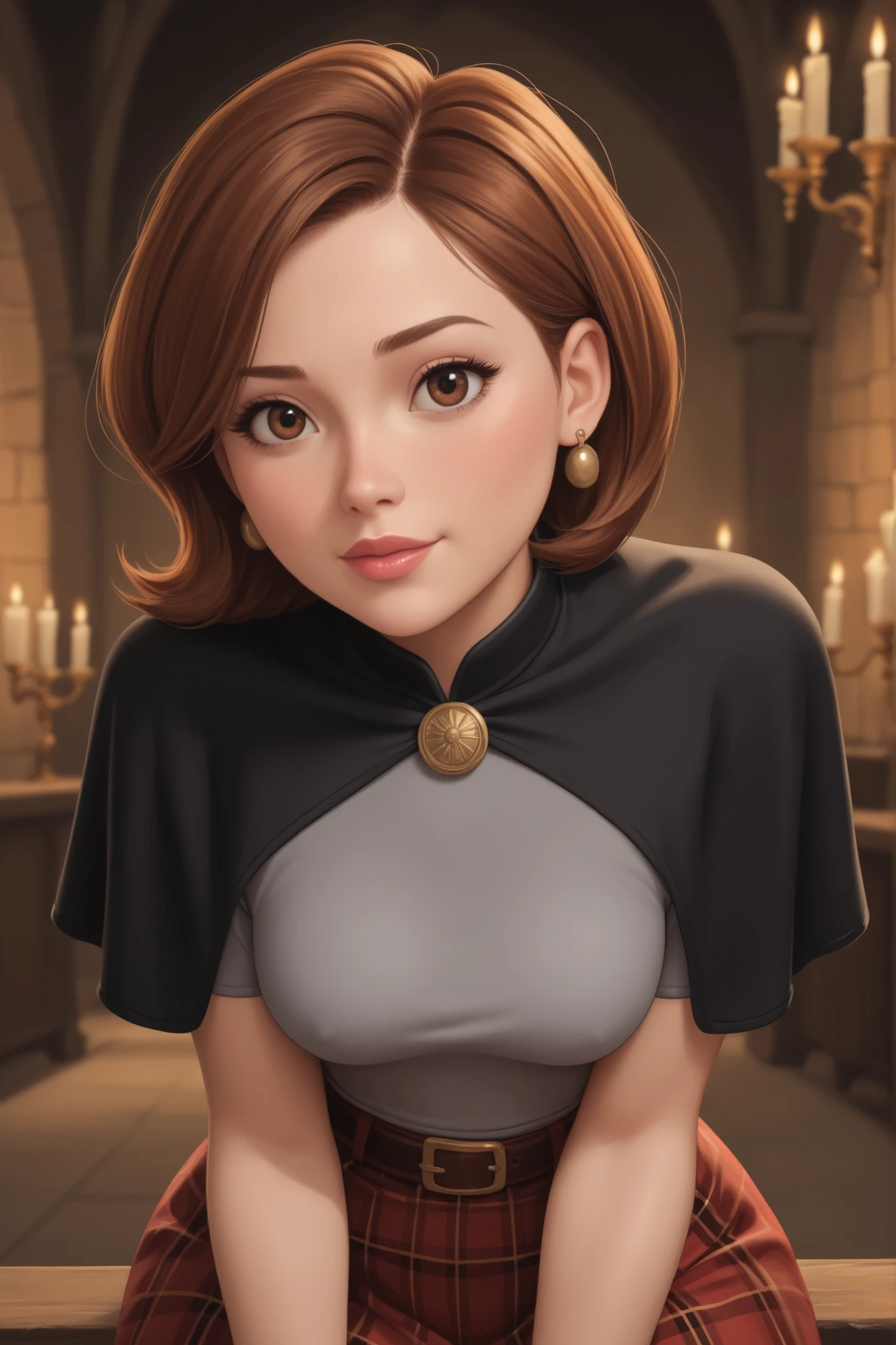 Helen Parr , mature female, medium hair, Bob_cut, brown hair, brown eyes, big eyes, long eyelashes, medium breasts, narrow waist, thick thighs, huge hips, fair skin, thin hands, earrings, makeup, pink lips, lipstick.| masterpiece, best quality, good quality, very aesthetic, absurdres, newest,full cheeks,source_explicit, skirt,shirt,crop top,capelet,grey shirt,black capelet,striped belt BREAK red trim,red belt,red plaid skirt,indoors,medieval castle,Hogwarts Castle,lit by candlelight,downblouse,hanging breasts,
