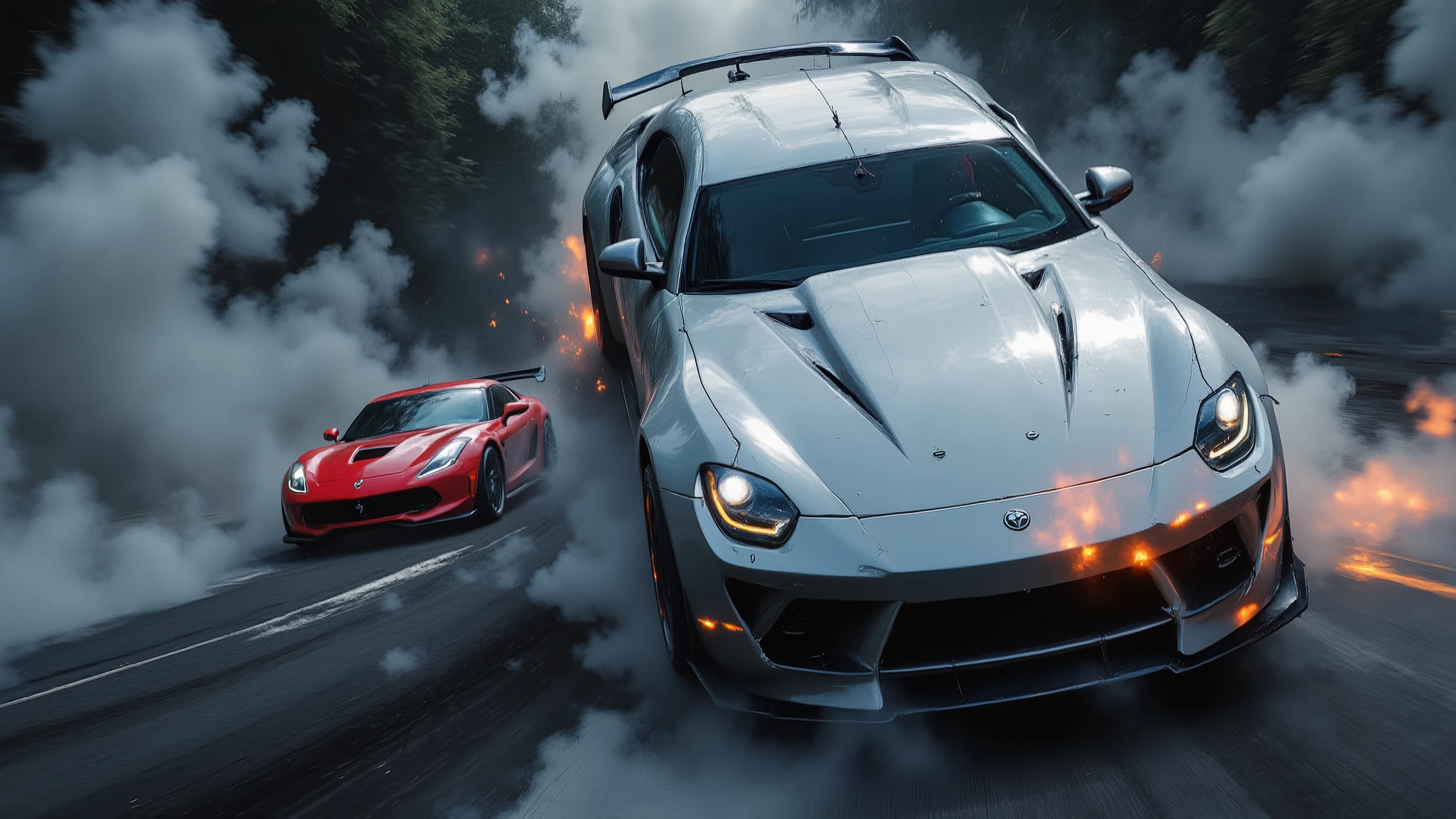 An FPV drone swiftly flies through an open window, diving smoothly downward to reveal two high-performance sports cars—one metallic silver, the other glossy red—surrounded by thick smoke from spinning tires. The cars suddenly accelerate forward, tires screeching as smoke trails behind. The drone skillfully maneuvers, closely following the vehicles as they speed off, weaving dynamically behind them with precision. The scene is thrilling, intense, and action-packed, enhanced by realistic, cinematic visuals, dynamic motion blur, and immersive FPV drone perspective.