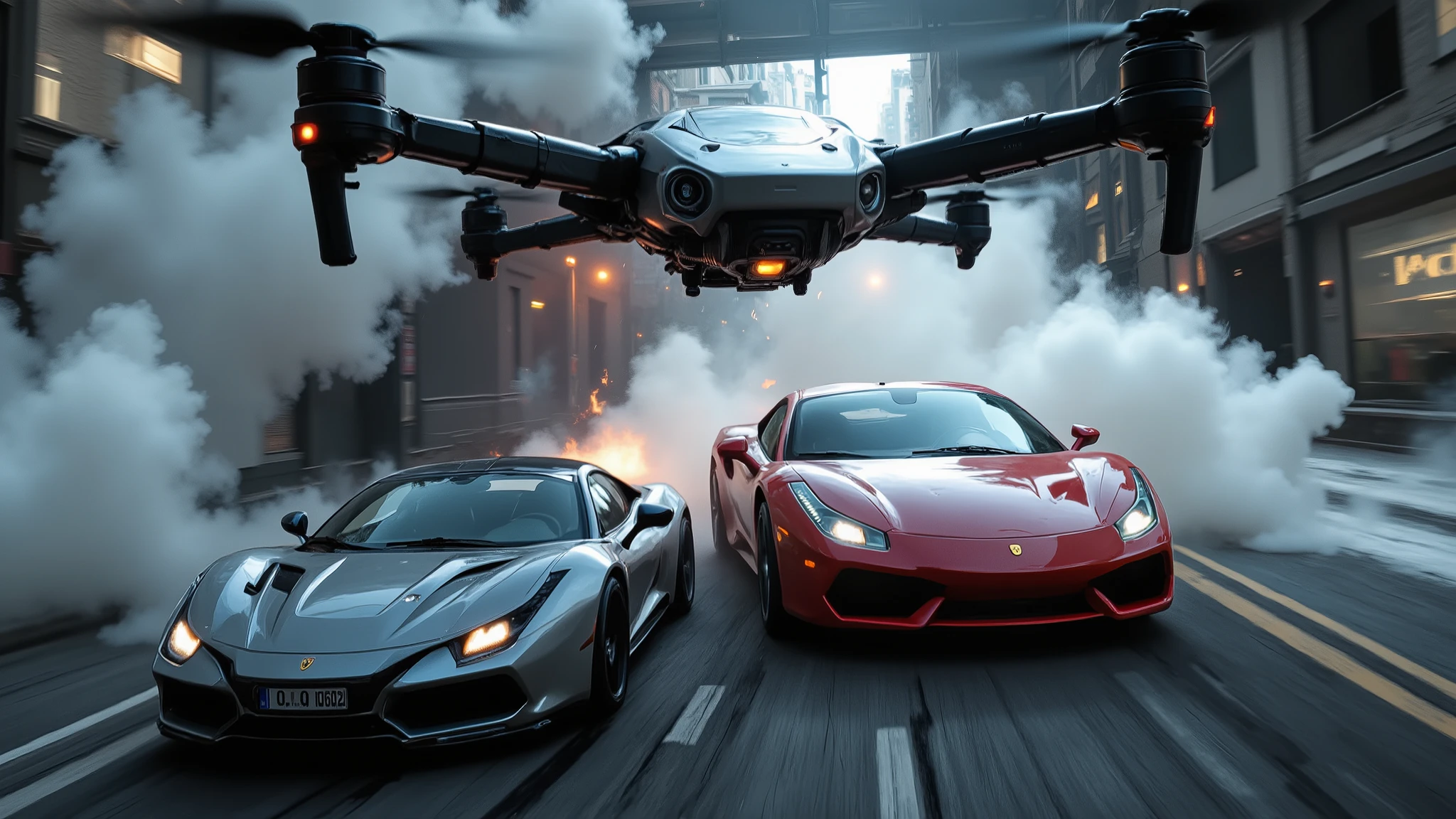 An FPV drone swiftly flies through an open window, diving smoothly downward to reveal two high-performance sports cars—one metallic silver, the other glossy red—surrounded by thick smoke from spinning tires. The cars suddenly accelerate forward, tires screeching as smoke trails behind. The drone skillfully maneuvers, closely following the vehicles as they speed off, weaving dynamically behind them with precision. The scene is thrilling, intense, and action-packed, enhanced by realistic, cinematic visuals, dynamic motion blur, and immersive FPV drone perspective.