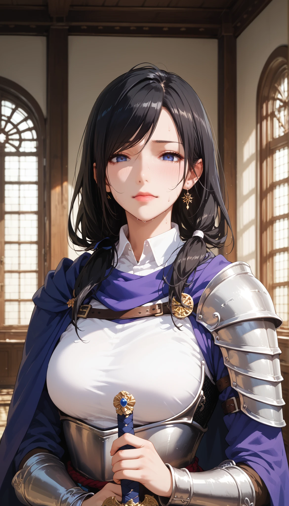 Score_9, Score_8_up, Score_7_up, Score_6_up, Score_5_up, Score_4_up, Source_anime, anime art, anime style, masterpiece, best quality, 1girl, mature woman, , , Rize Kamishiro,,sweating, looking at  you,   lips, , in pain face, long hair , on, armour, black hair , sword, knight ,