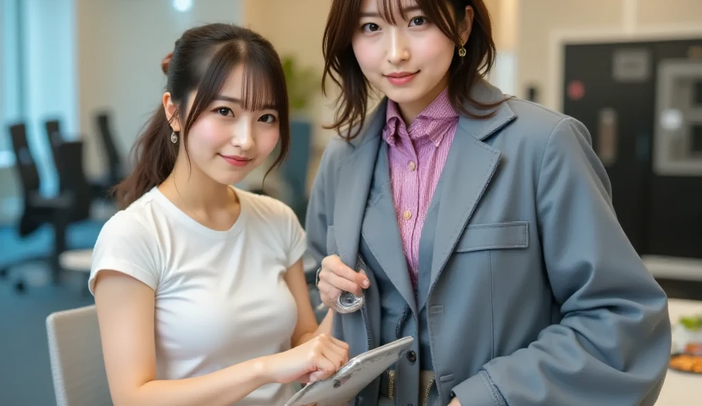 Laughing Japanese office lady、office、(Anatomically correct),masterpiece, Highest quality, Photorealistic、Laughing with your mouth open、Smiling at the camera