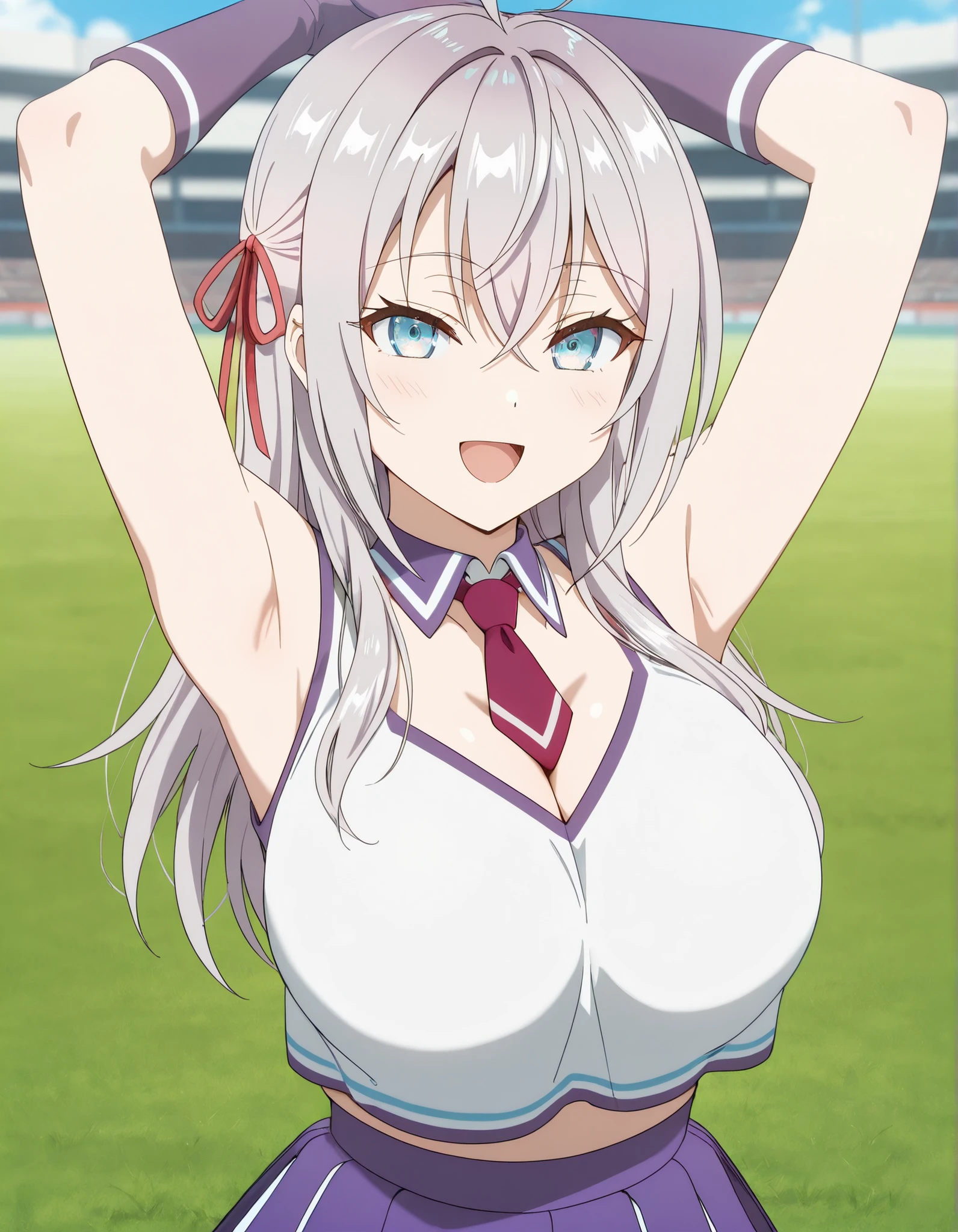 (best quality, masterpiece, ultra detailed, high resolution), Beautiful , score_9, anime style, Masterpiece, best quality, <lora:alisa_mikhailovna_kujou-roshidere_s1-ixl-anime-soralz:1>, alisa mikhailovna kujou (roshidere), long hair, silver hair, ahoge, crossed bangs, purple hair ribbon, sidelocks, blue eyes, large breasts, purple choker, detached collar, cleavage, thick thighs, look at viewer, smiling, bare shoulders, purple gloves, purple necktie, , : two-tone shirt , white shirt , cheerleader costume, cheerleader , Big breasts, midriff, shirt tucked in, crop top, purple skirt, micro skirt ,mini skirt, frontal view, , focus on face, lawn background, grass, outdoors, blurry background, white stocking, arms up, armpits, :D, UPPER BODY,