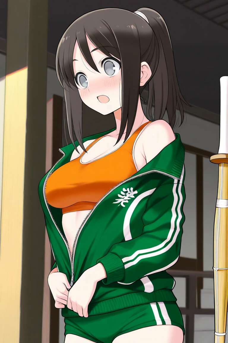 masterpiece,best quality, novel cover, 1girl, solo, japanese room, tatami, potato chips, kotatsu, girls und panzer, chouno ami, swept bangs, wide hips, indian style, holding one beer mug, drunk, drinking, d:, looking at viewer, green_track_jacket,cleavage, green_sweatpants,barefoot <lora:Chouno Ami:0.6>
