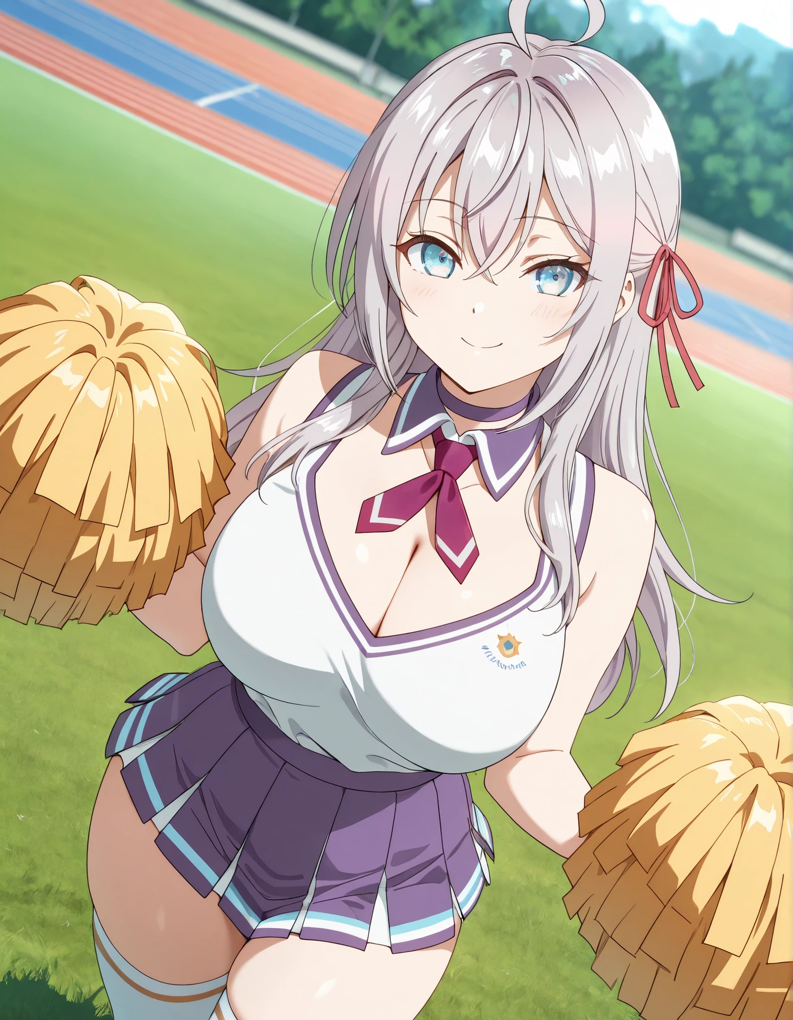 (best quality, masterpiece, ultra detailed, high resolution), Beautiful , score_9, anime style, Masterpiece, best quality, <lora:alisa_mikhailovna_kujou-roshidere_s1-ixl-anime-soralz:1>, alisa mikhailovna kujou (roshidere), long hair, silver hair, ahoge, crossed bangs, purple hair ribbon, sidelocks, blue eyes, large breasts, purple choker, detached collar, cleavage, thick thighs, look at viewer, smiling, bare shoulders, purple gloves, purple necktie, , : two-tone shirt , white shirt , cheerleader costume, cheerleader , Big breasts, midriff, shirt tucked in, crop top, purple skirt, micro skirt ,mini skirt, lawn background, grass, outdoors, blurry background, white stocking, pom-pom, dutch angle, from above,
