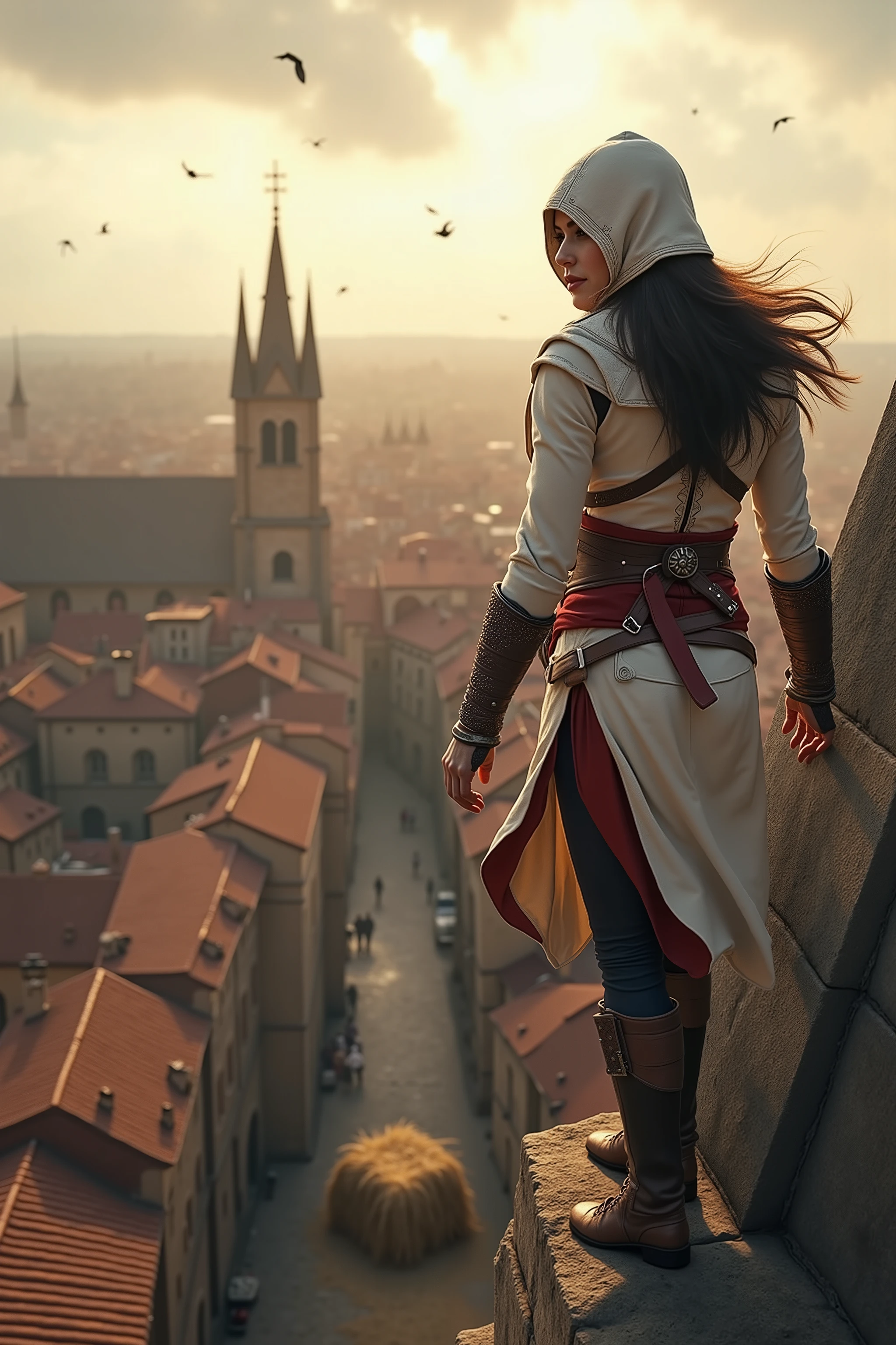 💋 Assassinen-Sprung vom Turm in den Heuhaufen - Gedächtniskorridor-Moment
🌟 Assassin's Creed Cinematik-Qualität, dramatic wide-angle perspective, golden hour lighting, epic video game aesthetics, Wind-Effekte in Kleidung und Haaren
🌌 Mittelalterliche Stadtansicht von einem hohen Kirchturm aus, red tile roofs extend to to the horizon, narrow alleys between stone buildings, a strategically placed haystack directly under the tower, Vögel kreisen in der Ferne
😈 Weibliche Assassinin in charakteristischer weißer Kapuzen-Robe mit roten Akzenten, hidden blades on the wrists, athletische Figur, dark hair under the hood, leather armor and belt with tools, sharp, concentrated facial features, She stands on the top of the church tower.
🔥 She is standing at the very edge of the spire, arms spread slightly for perfect balance, looking down at the haystack, muscles tense before jumping, Her robe flutters in the wind, moment of absolute concentration and confidence in their abilities