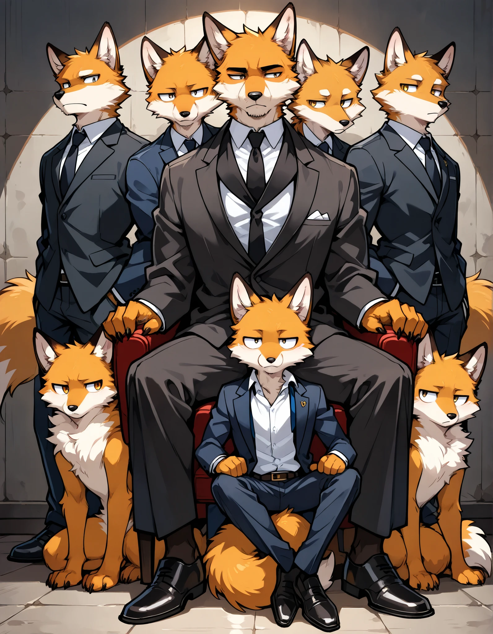 furry, harem, male skinny fox, bored, mafia boss, mafia, round eyes, sitting on a chair, dark office, chains on the wall, mafia clothes on, pants on, surrounded by other wolves mafia from behind, neck tuff, cute, claws, no nipples, full body, handsome, perfect, detailed, perfect body type, high resolution, anatomically accurate, detailed eyes, Best quality , 5 fingers, Ultra High Resolution, Delicate Eyes , Handsome, Takemoto Arashi, Handsome,delicate face, no elves, no sfw, no animals, no humans