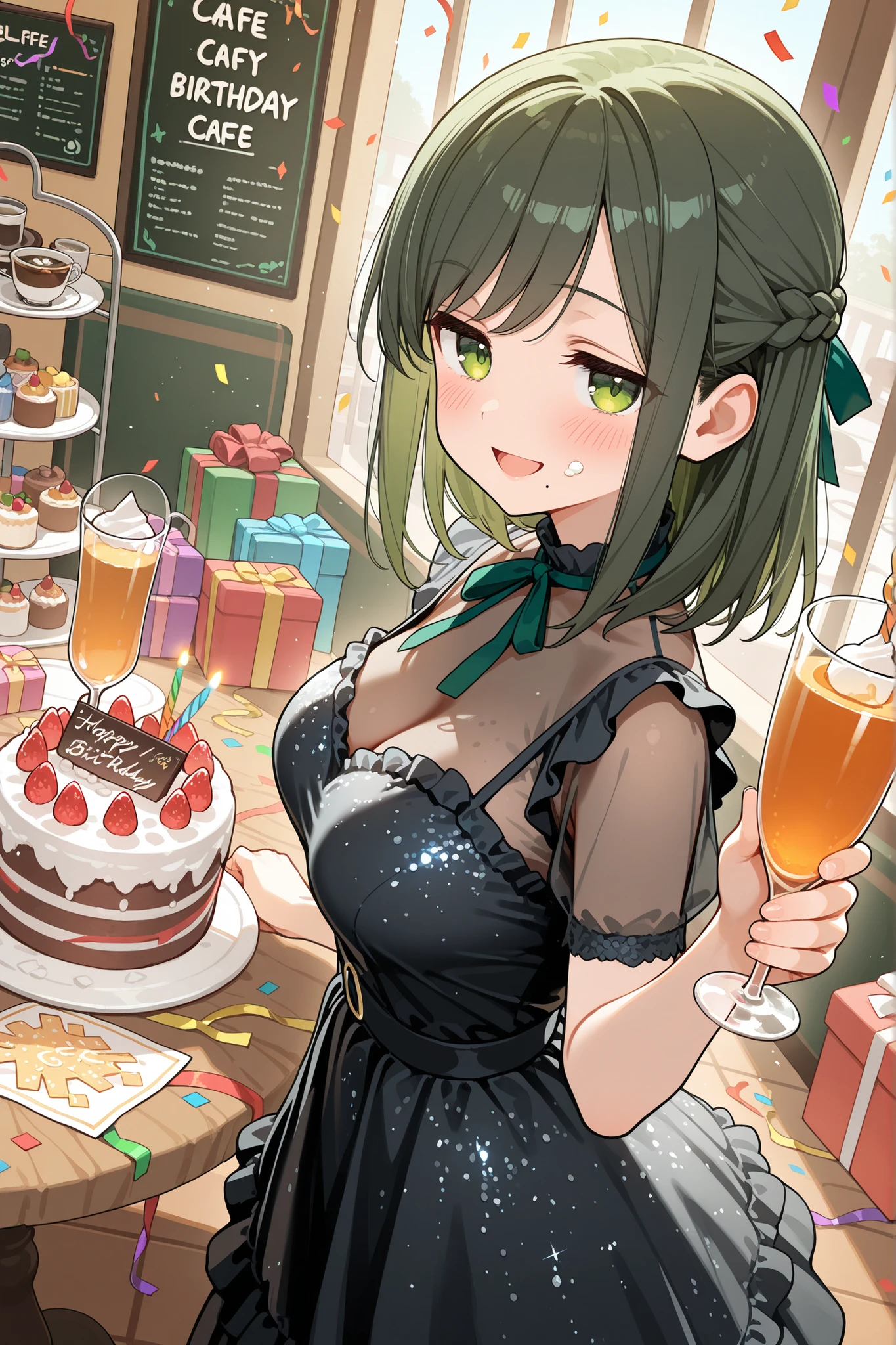 1girl, solo, character focus, close to viewer, upper body, from side, from above, dutch angle, dynamic angle, light particles, ((birthday cake)), (((birthday party))), (((Party Decorations))), (((Lots of gift boxes))), (((confetti))), (((party crackers))), (((table))), (((((cafe))))), (Menu on the background wall), A girl holding a glass with a orange juice in it, holding glass, hand on cheek, looking at viewer, blush, happy smile, open mouth, frilled dress, glitter dress, see-through black dress, dark green hair, green eyes, medium hair, swept bangs, half up braid, low twin braids, half updo, straight hair, sidelocks, medium breasts, tareme, green hair ribbon, mole under left of mouth, jitome, soft lighting, high detail, anime style, {animated painting}, {{{{{five hand fingers}}}}}, {{{{{4fingers and 1thumbs}}}}}, {{{high resolution}}}, {{{best quality}}}, {{ultra-detailed}}, {illustration}, {{an extremely delicate and beautiful}},