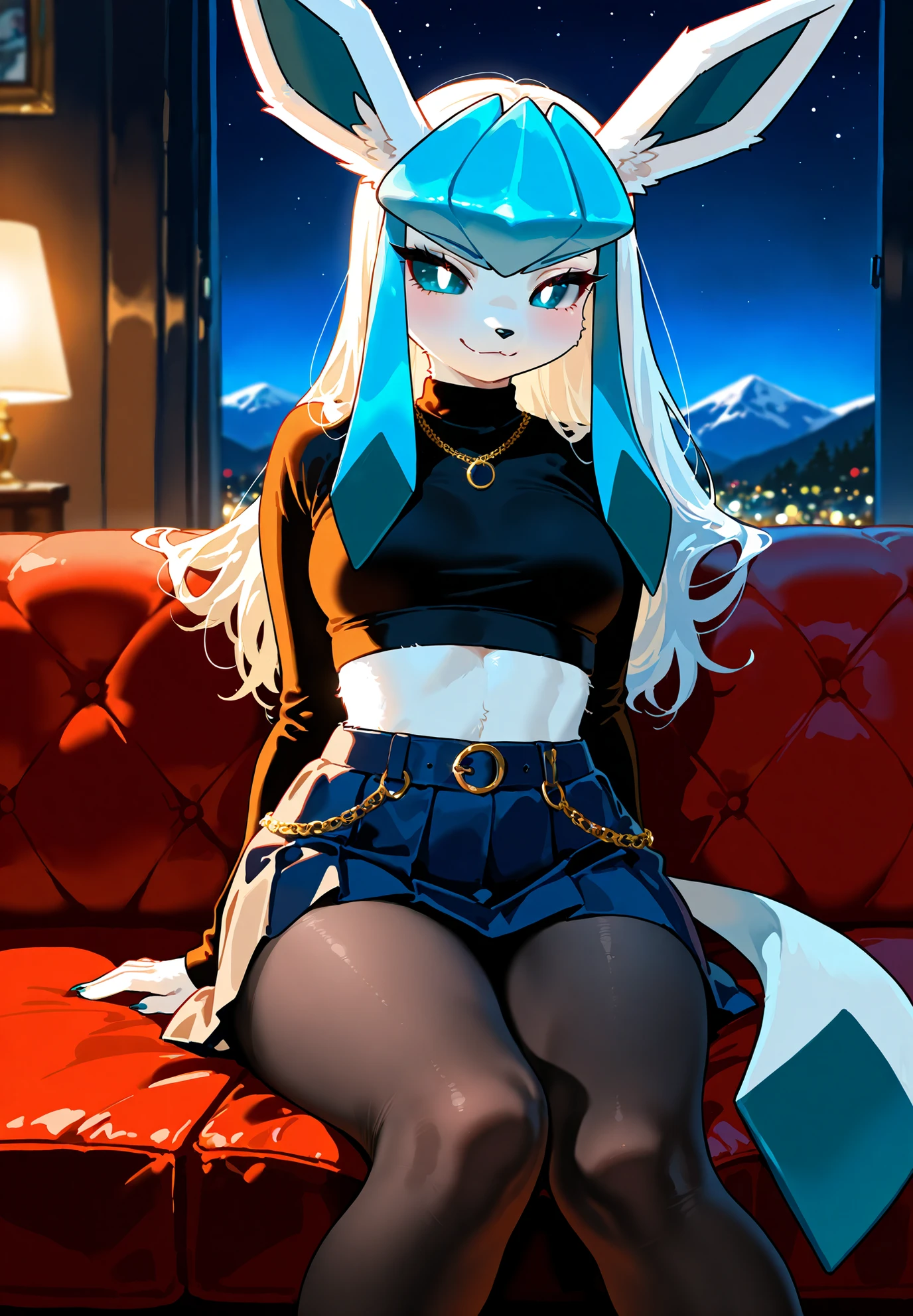 Source_furry, 1girl, solo, glaceon, pokemon, anthro, detailed fluffy fur, light blue fur, long hair, skirt, tights, crop top, sitting on a couch, seductive , sexy pose, alluring atmosphere, night time, mountain cottage, cinematic lighting, BREAK, masterpiece,top quality,warm color,high resolution,high fashion,absurdres extremely,vivid colors,intricate details,best quality,amazing quality,very aesthetic,newest,ultra-detailed,nsfw,