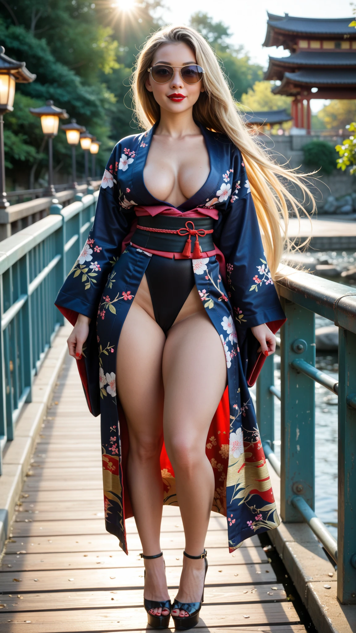 Masterpiece, highlydetailed, Hyperrealistic, HD fullbodyshot of beautiful geisha female with blond bob haircut, hairpins, wearing a falloff shoulders kimono holding Japanese umbrella, wearing high-heels geisha footwear, perfect face features with  look and charming smile, perfect body shape curvy, thick and muscular body, oni horn
