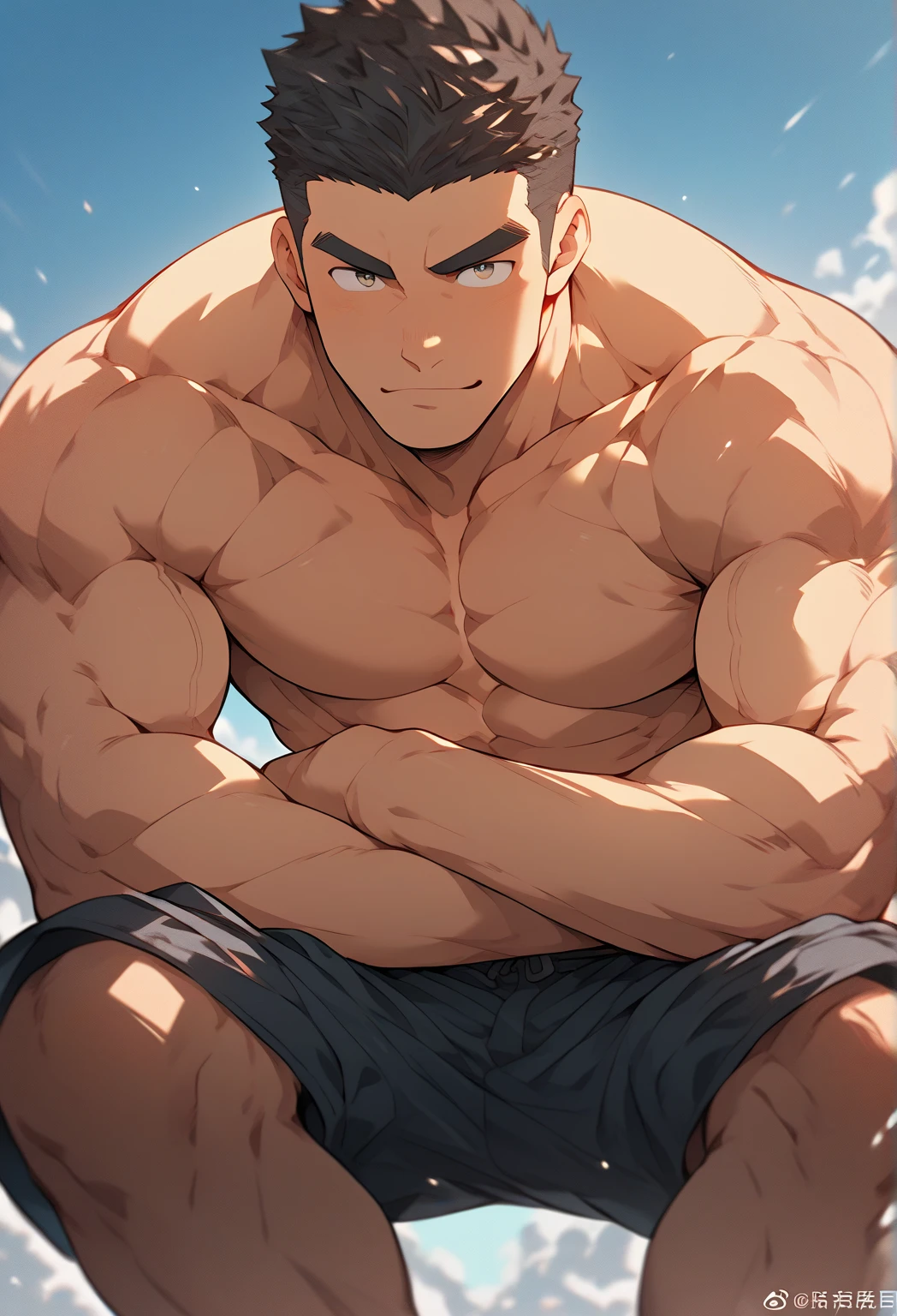 Masterpiece, best quality, male, tanned skin, big muscular, beefy, short hair, black hair, thick eyebrows, hairy, Big pectoral, Big bicep, perfect , big daddy, Japanese man, black hair, short hair, slightly hairy, muscular, handsome, Sitting and watching the sunset