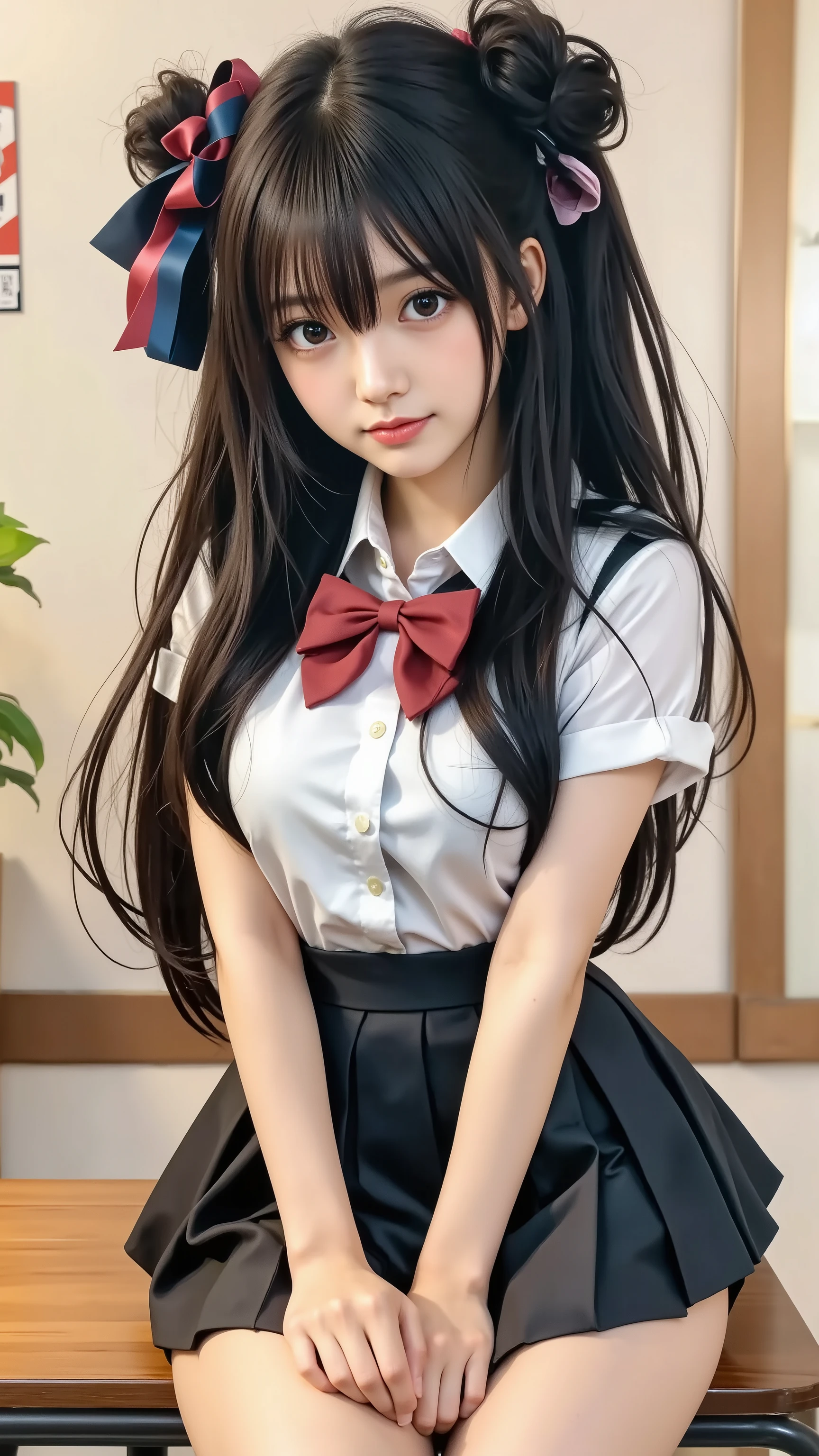 close-up of a woman in uniform wearing a bow tie, Hino Rei as a princess, Close up of a person sitting at a table with, Rumiko, Beautiful High School Girl, anime girl named Lucy, anime girl holding, Young girl sitting, BIG BREASTS, Marin Kitagawa fanart, a cute girl with long hair, Seductive Girl, Pictures of Women with Long White Hair Bound at the Back, Cute Girl Visuals, ((Twin Bun Hair, long hair, tie hair)), (detailed hands:1.3, Perfectly Right Hand:1.3), (slender body, Tight Waist), (detailed legs on the wall:1.3, thin thighs:1.5, Beautiful legs), (Highest Quality, Highest Image Quality, masterpiece), reality, ultra high definition