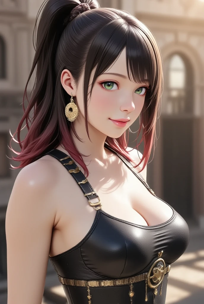 photorealistic, (4k), depth of field, (Masterpiece), (realistic skin texture), extremely detailed, intricate, hyper detailed, high resolution, professional photography, , depth of field, sharp detail, best quality, looking at viewer, 1girl, solo, <lora:claudia_synduality_noir:0.74>, claudia_synduality_noir, brown hair, purple eyes, long hair, ponytail, , The Tower of Destiny, HD-DVD