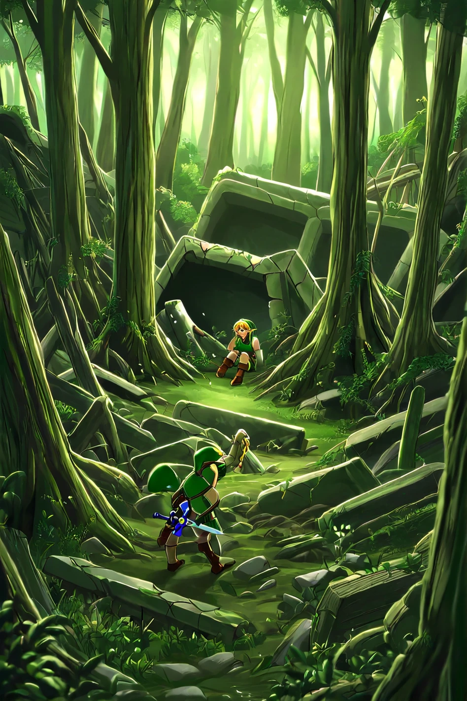 link(The Legend of Zelda)It's in an old ruins in the forest。and the master sword is stuck in the ground。linkは気合を入れて剣を引き抜こうとしている。