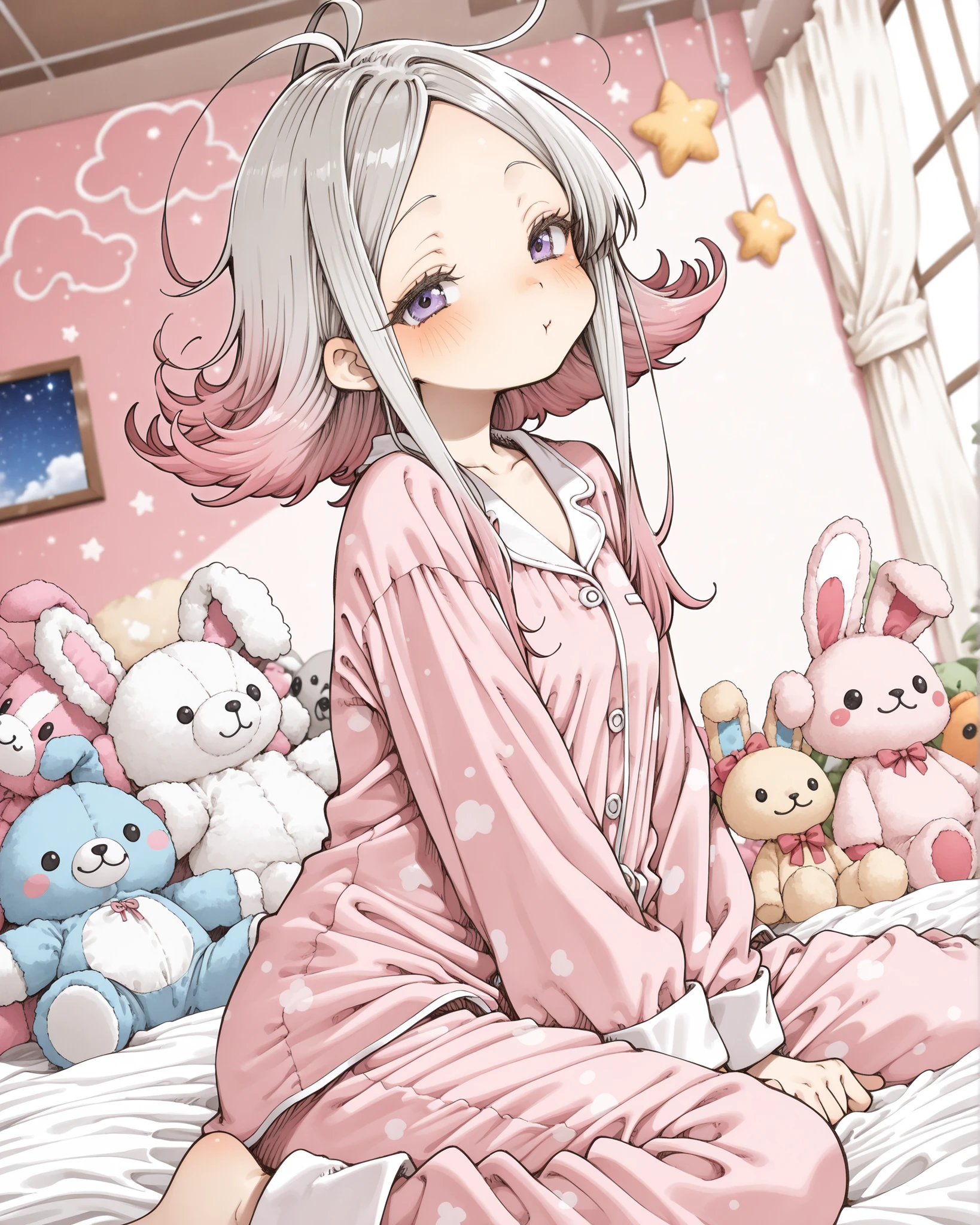((Abara Heiki Style)), ((Masterpiece)), ((best quality, amazing quality)), ((very aesthetic, absurdres, newest, scenery)), ((detailed background, negative space, blurry background, depth of field)), (dynamic angle, from side), ((1girl)), cute young girl, (Healthy Gaunt body, Textured skin, small , tilt head), Glossy hair, (long parted bangs, cute forehead, long sidelooks), (platinum-gold hair, flipped hair, gradient hair), Beautiful collarbone (cute pajamas, fuzzy pajamas, foamy pajamas), (giggle, blush), (cute cheeks), glossy lips, pouty lips, (lower eyelashes), BREAK, indoor, loose sitting, wariza, Fluffy bed, Pink and pastel colors, dreamy lighting, (Around Cute stuffed animals:1.3), Pleasant atmosphere, Stars shining on the ceiling, Whimsical clouds on the wall, (giggle, blush), Happy and peaceful mood, Glorious dreams, Take a look,