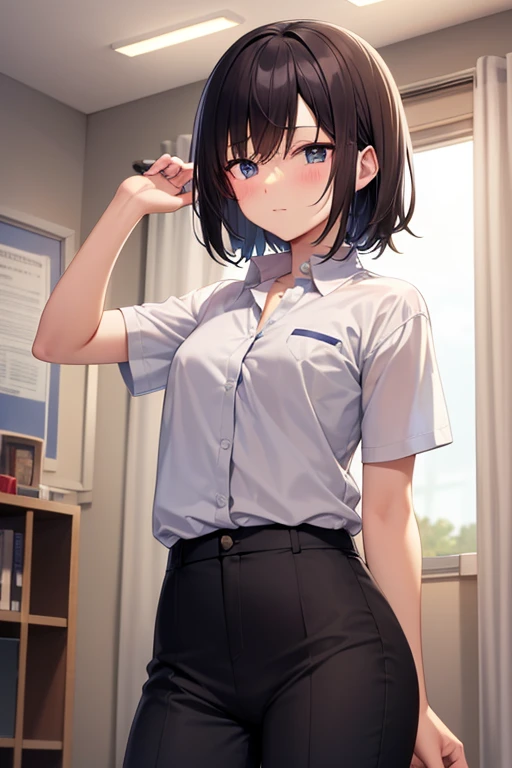 1girl, cute, kind smile, friendly, medium , semi-short hair, petite girl, (best quality), (masterpiece), (anime coloring:1.2), extremely detailed, illustration, high school uniform, short skirt, cafe, looking at viewer, cowboy shot