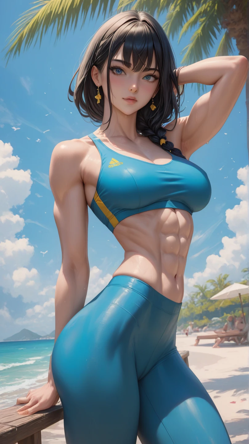 masterpiece, best quality, 1girl, anissa, solo, black hair, short hair, breasts, muscular, bikini, sand, sea, cloud, blue sky, beach background <lora:Anissa:1>