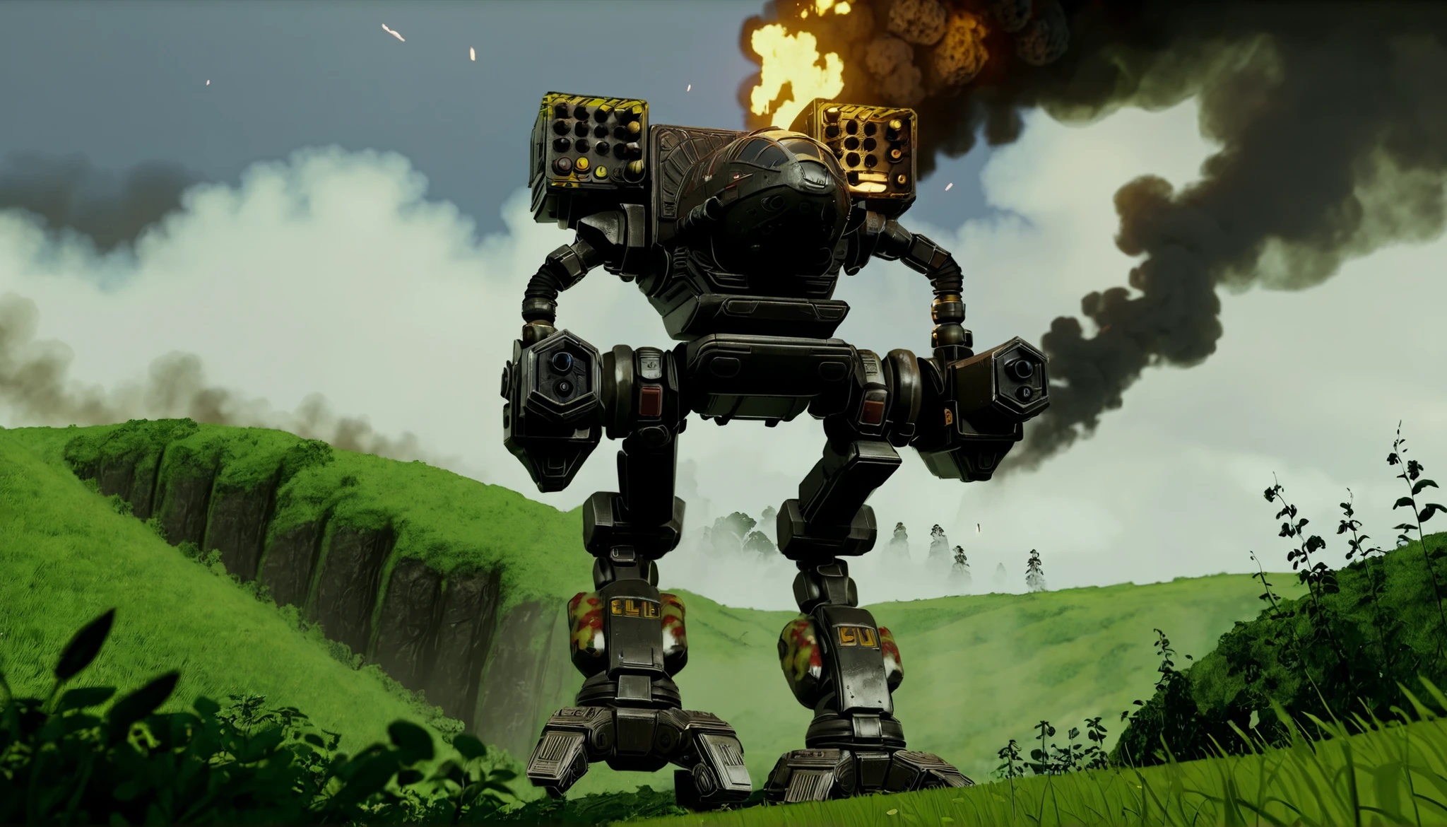 Score_9, score_8_up, score_7_up, source_anime, epic cinematic, BattleTech, 7-MadCat, mecha, robot dominating the battlefield, heavy foliage, rolling slopes and hills, brooding sky, burning wreckage in the background, smoke and explosions, heavy rain, ultra detailed, depth of field, UHD, 16k, masterpiece, detailxl