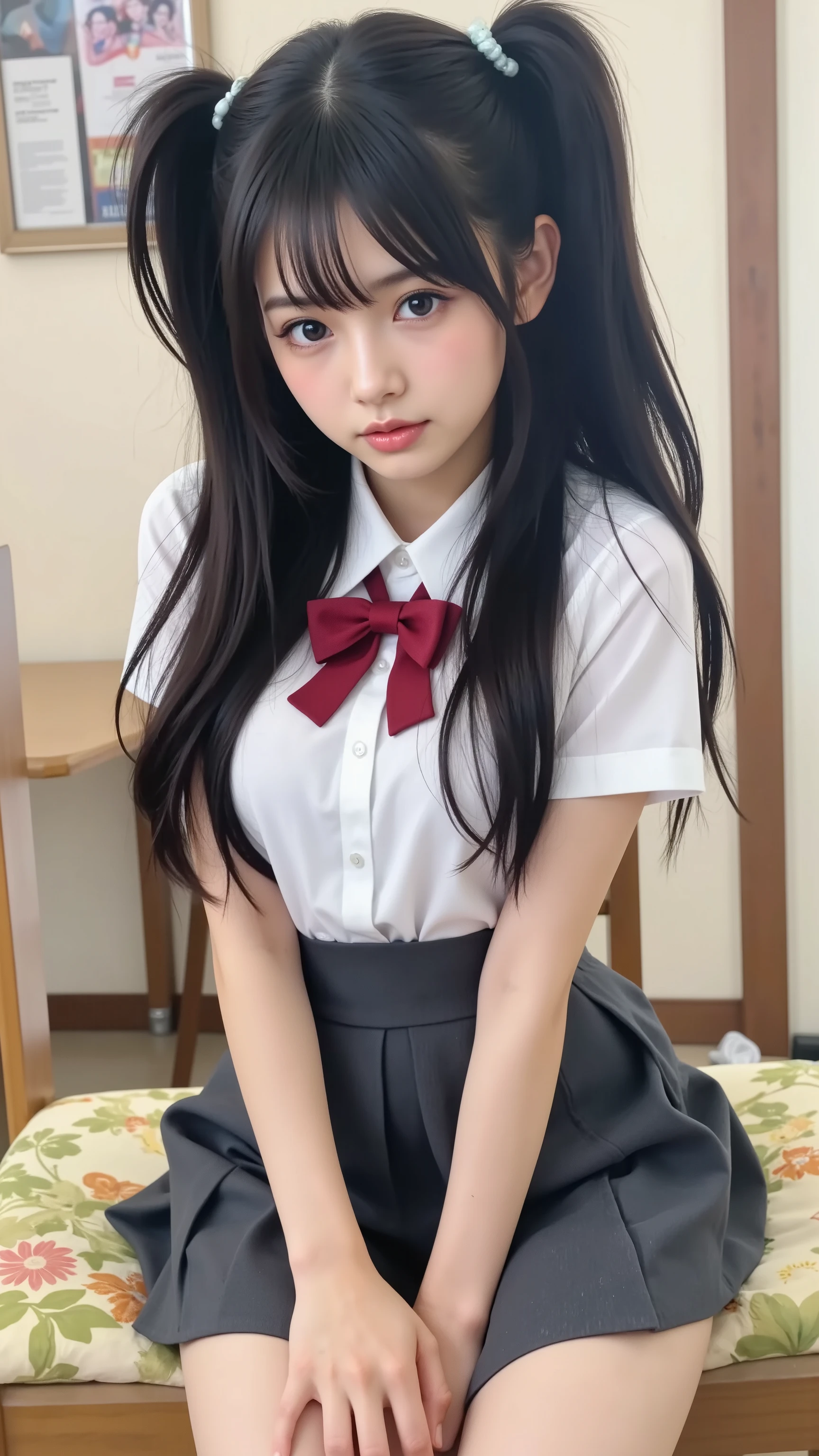 close-up of a woman in uniform wearing a bow tie, Hino Rei as a princess, Close up of a person sitting at a table with, Rumiko, Beautiful High School Girl, anime girl named Lucy, anime girl holding, Young girl sitting, BIG BREASTS, Marin Kitagawa fanart, a cute girl with long hair, Seductive Girl, Pictures of Women with Long White Hair Bound at the Back, Cute Girl Visuals, ((Twin Bun Hair, long hair, tie hair)), (detailed hands:1.3, Perfectly Right Hand:1.3), (slender body, Tight Waist), (detailed legs on the wall:1.3, thin thighs:1.5, Beautiful legs), (Highest Quality, Highest Image Quality, masterpiece), reality, ultra high definition