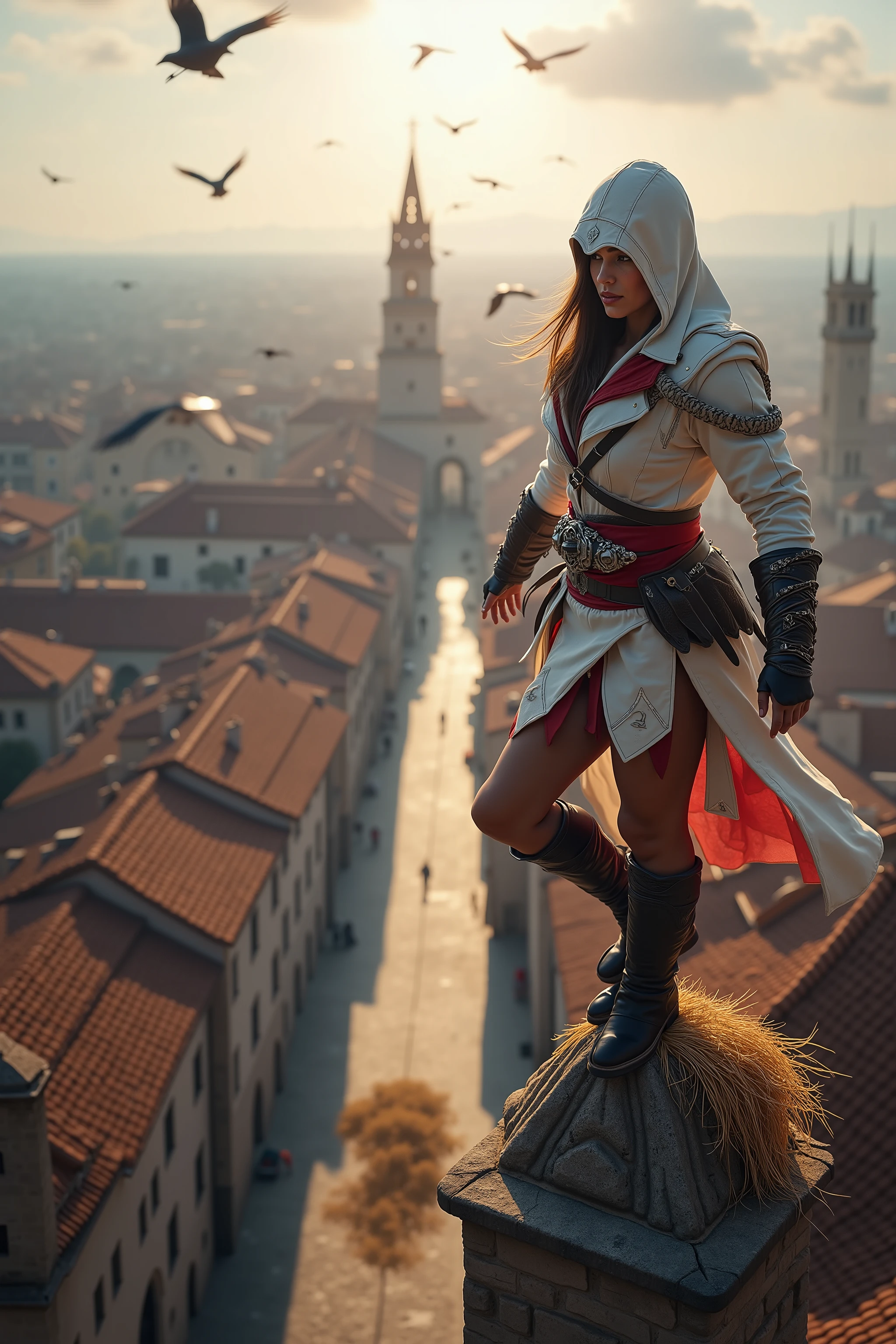 💋 Assassinen-Sprung vom Turm in den Heuhaufen - Gedächtniskorridor-Moment
🌟 Assassin's Creed Cinematik-Qualität, dramatic wide-angle perspective, golden hour lighting, epic video game aesthetics, Wind-Effekte in Kleidung und Haaren
🌌 Mittelalterliche Stadtansicht von einem hohen Kirchturm aus, red tile roofs extend to to the horizon, narrow alleys between stone buildings, a strategically placed haystack directly under the tower, Vögel kreisen in der Ferne
😈 Weibliche Assassinin in charakteristischer weißer Kapuzen-Robe mit roten Akzenten, hidden blades on the wrists, athletische Figur, dark hair under the hood, leather armor and belt with tools, sharp, concentrated facial features, She stands on the top of the church tower.
🔥 She is standing at the very edge of the spire, arms spread slightly for perfect balance, looking down at the haystack, muscles tense before jumping, Her robe flutters in the wind, moment of absolute concentration and confidence in their abilities