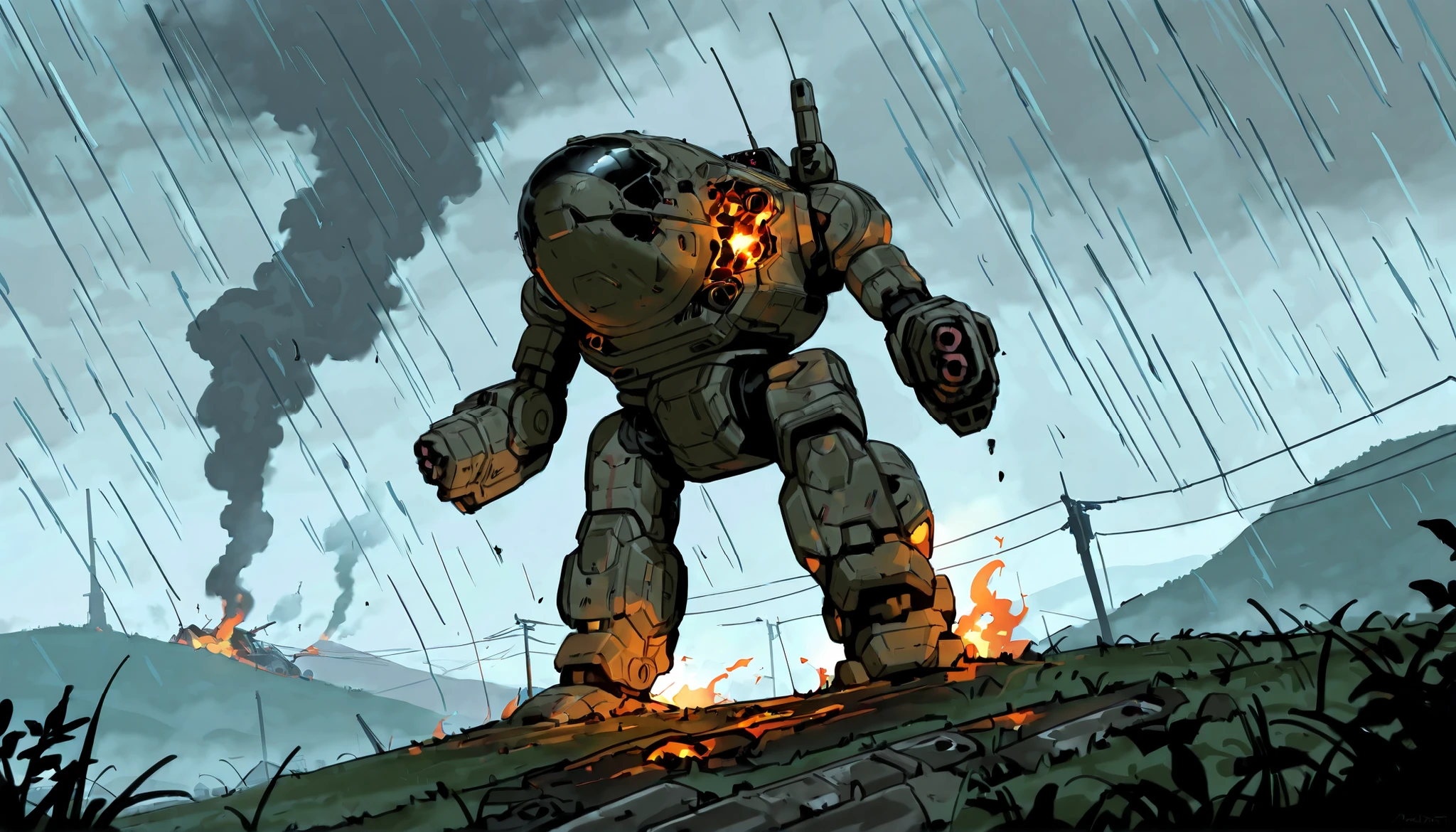 Score_9, score_8_up, score_7_up, source_anime, epic cinematic, BattleTech, 7-MadCat, mecha, robot dominating the battlefield, heavy foliage, rolling slopes and hills, brooding sky, burning wreckage in the background, smoke and explosions, heavy rain, ultra detailed, depth of field, UHD, 16k, masterpiece, detailxl