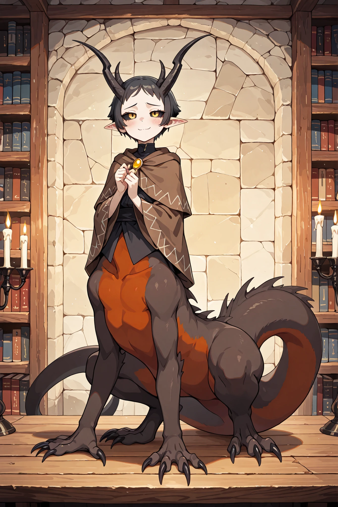 1girl, monster girl, dark-red body, taur, raptor lower half, raptor legs, raptor tail, raptor claws, pointy ears, mini girl, tiny size, scaly, black hair, very short hair, yellow eyes, black sclera, horns, black horns, black calws, straight horns, brown mantle, nervous, looking up, looking at viewer, half closed eyes, w-shaped mouth, closed mouth, light smile, on table edge, wooden table, candle lights, stone walls, messenger runner, bookshelf at background, 