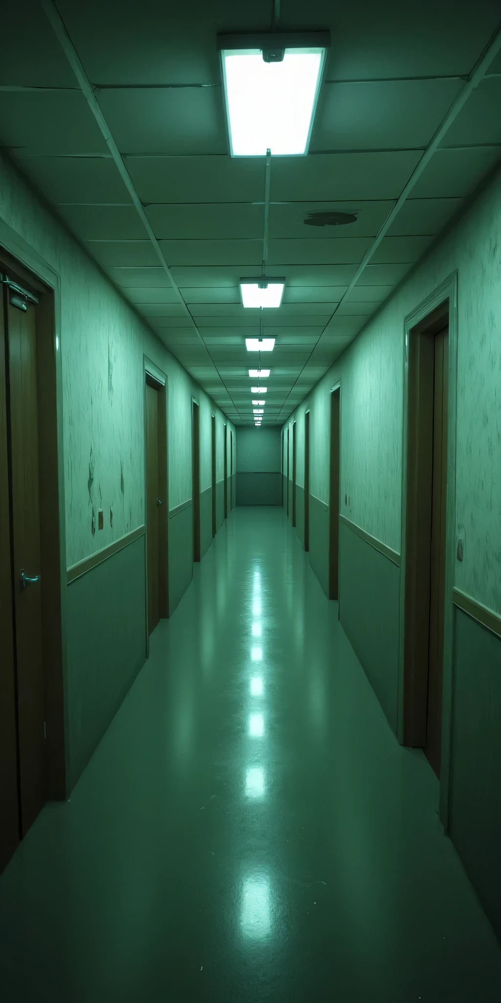Surreal perspective liminal space, an endless corridor with flickering fluorescent lights and peeling wallpaper, vanishing into an impossible distance. The distorted perspective creates a dreamlike atmosphere, with eerie shadows stretching unnaturally along the walls. Low-angle wide shot.