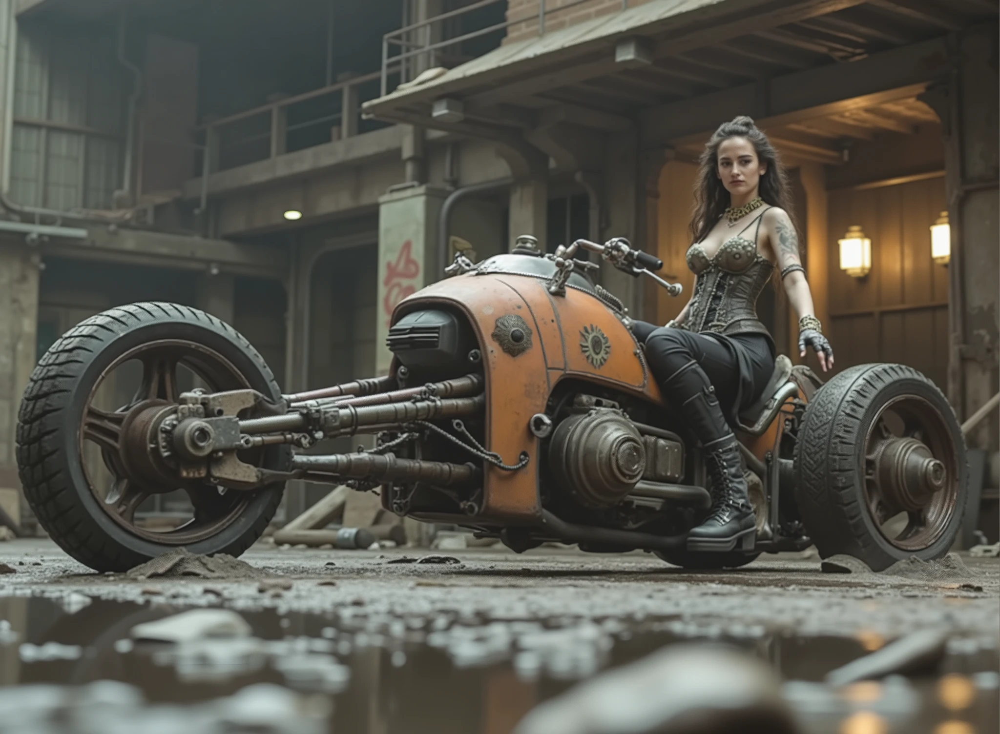 The image shows a desolate stage with a Renegade Princess, and taking the handlebars to adapt to the speed on a uniquely designed motorcycle that embodies a steampunk or post-apocalyptic aesthetic. The motorcycle is sturdy, has only 2 sturdy all-terrain wheels, with a mix of exposed mechanical components, are evident such as large barrels and intricate pipes,  with a worn palette of rusty colors and graffiti that hint at its robust durability. the renegade princess, dressed in a striking black gothic dress with corset, straps and chains as well as punk jewelry and industrial calf-length boots, radiates confidence with her miniskirt. Her outfit suggests a rebellious and daring style wearing lots of punk silver jewelry and showing off her Aztec tattoos, to complement the intense environment. The dark, desolate and deserted industrial background,  which contrasts with the elegance of the motorcycle. The ground is wet, possibly due to the recent rain, that reflects light weight and that contributes to changing environment of the scene. Elements of dirt and decay are evident, but the composition retains a sense of dynamic action and adventure.