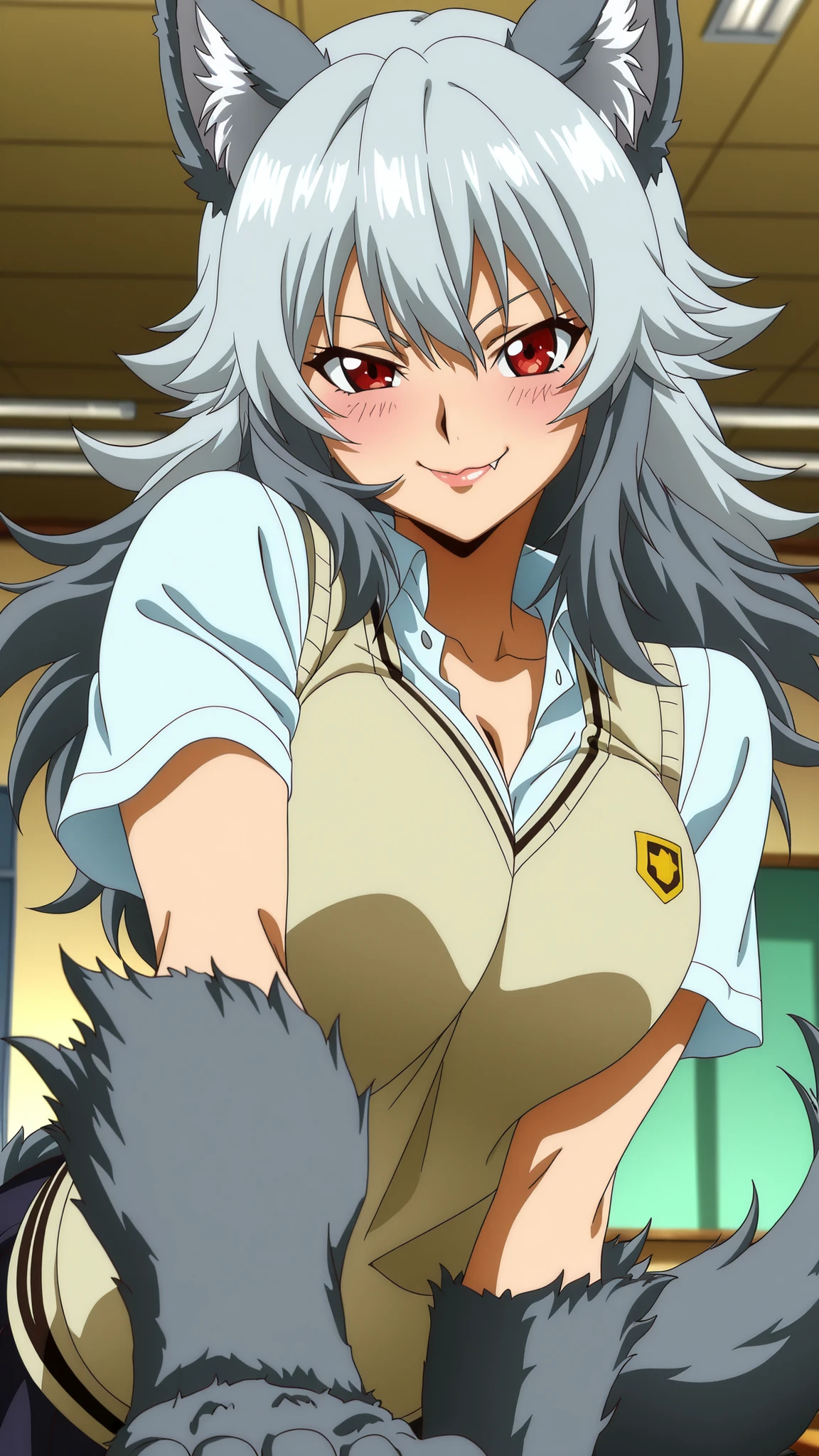 detailed, (dynamic pose), dynamic composition, dynamic angle, foreshortening, masterpiece, ultra-HD, high detail, best quality, 8k, best quality, ergonomic, depth of field, (anime coloring, anime screencap:1.5), official art. refined, solo, female, close up, wolf girl, werewolf girl, close up, lips, furred hands, muscular, wolf ears, wolf tail, long messy grey hair, red eyes, school, uniform, schoolgirl, large breasts, slightly bulky body, looking at viewer, faint blush, seductive eyes, smile, indoors, school, grey fur, beige vest, short sleeves, wide open eyes, happy, cute fang, light skin, two tone hair, grey and white hair, very tall female, cute pose, wink, friendly, arched back, open collar, cool girl, wolf hands, teasing pose, sightly sexy, seductive