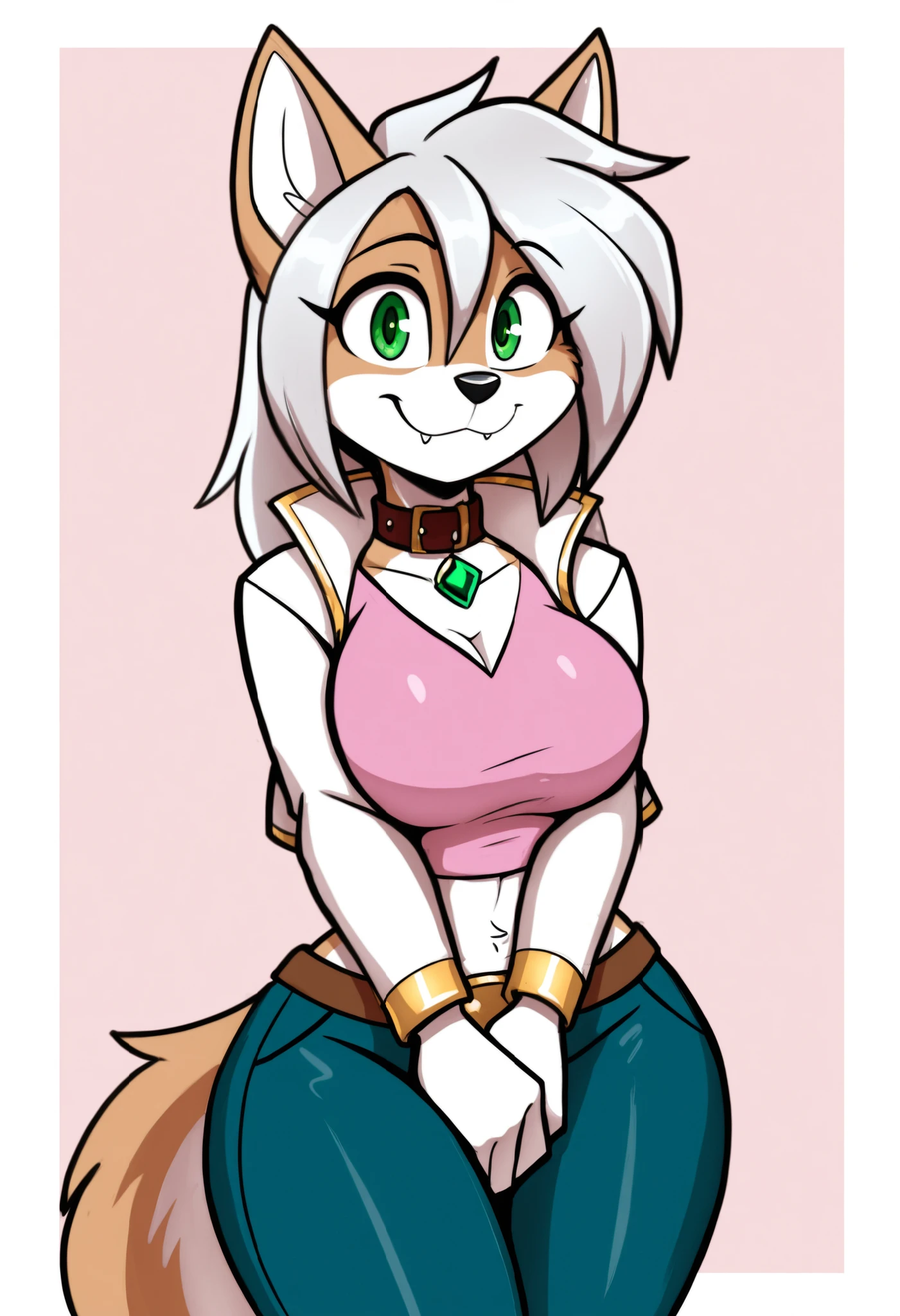 (solo), anime/manga style, best quality, high resolution, absurdres, BREAK, (adult, age23), uploaded on danbooru, uploaded on e621, [by rick griffin:0.5], (by jizoku, by inu-sama), [by zeekzag], by sssonic2, [by mastergodai:0.2], [by chalo:0.32], by r-mk, [by joaoppereiraus:0.6], [by jrvanesbroek:0.4], (adorable smile), (cute, adult), (female), (anthro, welsh corgi and shiba inu mix, corgi ears, shiba tail), (tall, light brown body, white patches), straight hair, medium hair, silver hair, hair between eyes, (looking at viewer, happy and shy expression, shy, happy:1.2), green eyes, medium pupils, adorable eyes, (visible cute fangs), (white jacket, fantasy anime outfit, yellow or pink shirt, grey and gold trim, asymmetrical sash, grey pants, grey-ish white stylish female rogue mage attire, midriff-baring, elegant but practical, fantasy adventurer, modern/sci-fi/fantasy fashion), black nose, BREAK, (beautiful, adorable), (collar with green gem), eyebrows are same color as hair, simple plain background, medium/big breasts, [midriff], [very slightly wide hips], belt, standing straight