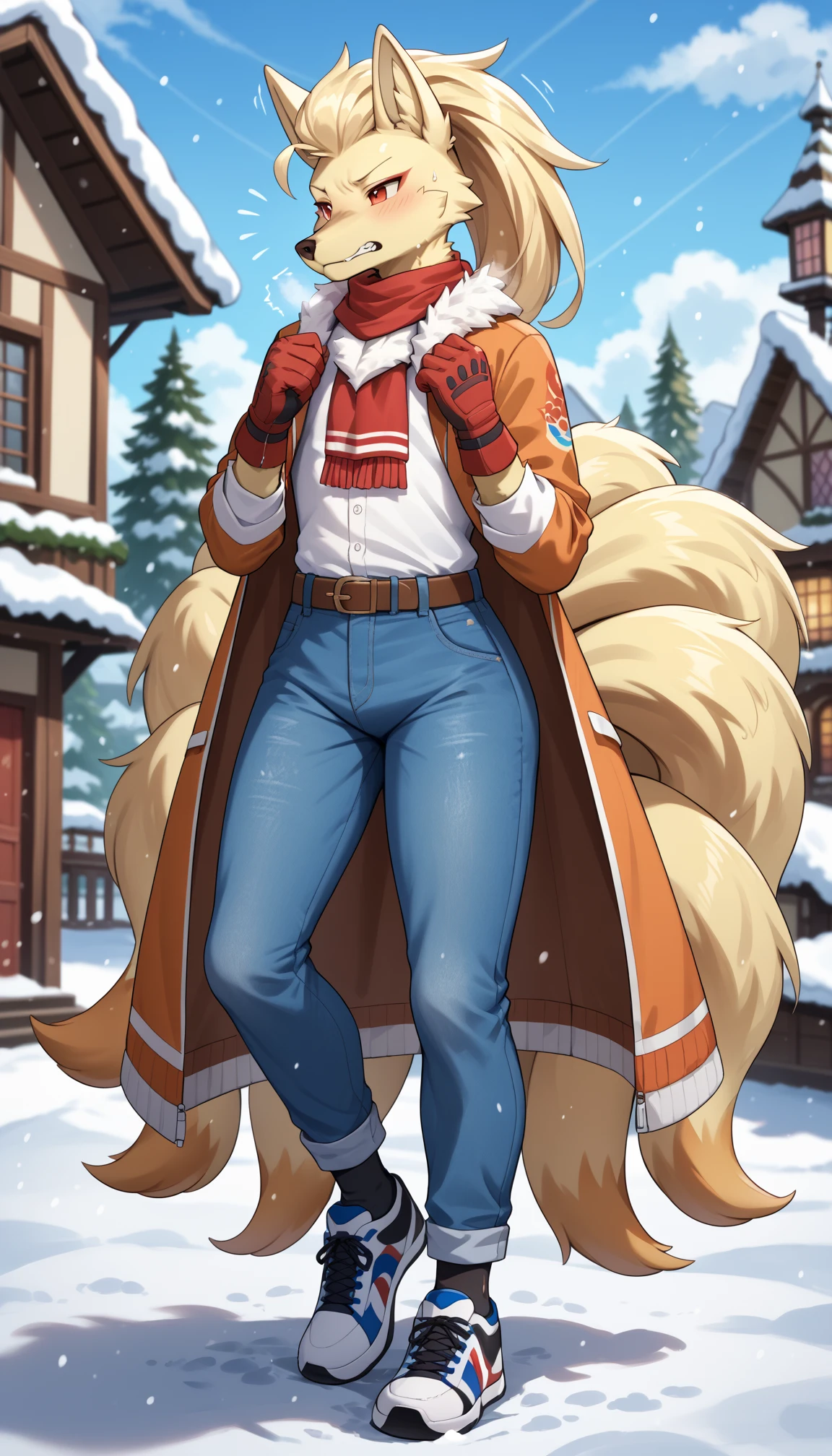 owen lorelei, muscular male, purple eyes, smile, (pose:1.3), (posing:1.3), (soft shading), 4k, hi res, ((detailed face(mad), detailed)), (full body), by zackarry911, by zaush, (by personalami:0.5), jacket, brown jacket, white sleeves, , , big long (harden),((5 inch long)),((25 inch wide)), big ,POV