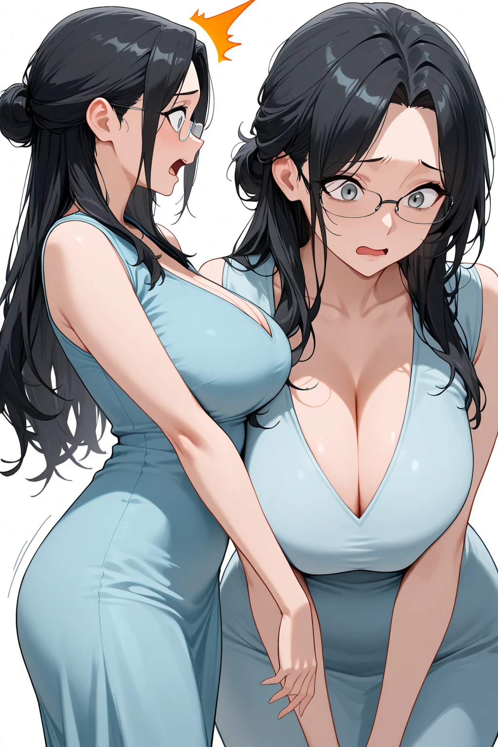 2 heads, a tall thin woman with 2 heads. Extremely . In a bedroom. Wearing lingerie. Young. Happy. Thin face. Seductive eyes. Long messy hair. . Smiling. . Nerdy,  nerd appearance. Deep cleavage. Hard  under bra. Gigantic round . Enormous fake round . Giant circular . Selfie POV, taking a selfie.