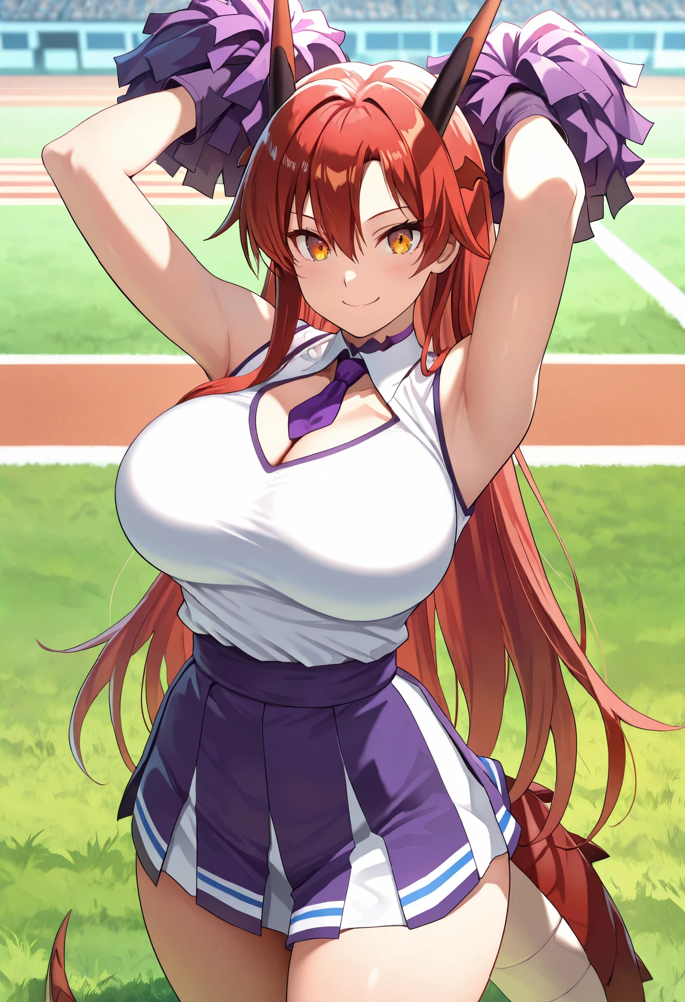 (best quality, masterpiece, ultra detailed, high resolution), Beautiful , tall, score_9, anime style, Masterpiece, best quality, 1girl, purple necktie, solo,tania, amber eyes, single sidelock, red hair, long hair, hair between eyes, head wings, dragon horns,, , ,, purple choker, detached collar, cleavage, thick thighs, look at viewer, smiling, shoulders, purple gloves, , purple necktie, purple pom-pom, two-tone shirt , white shirt , cheerleader costume, cheerleader , , midriff, shirt tucked in, crop top, oudoors, lawn background, grass, dragon tail, arms up, closed mouth,