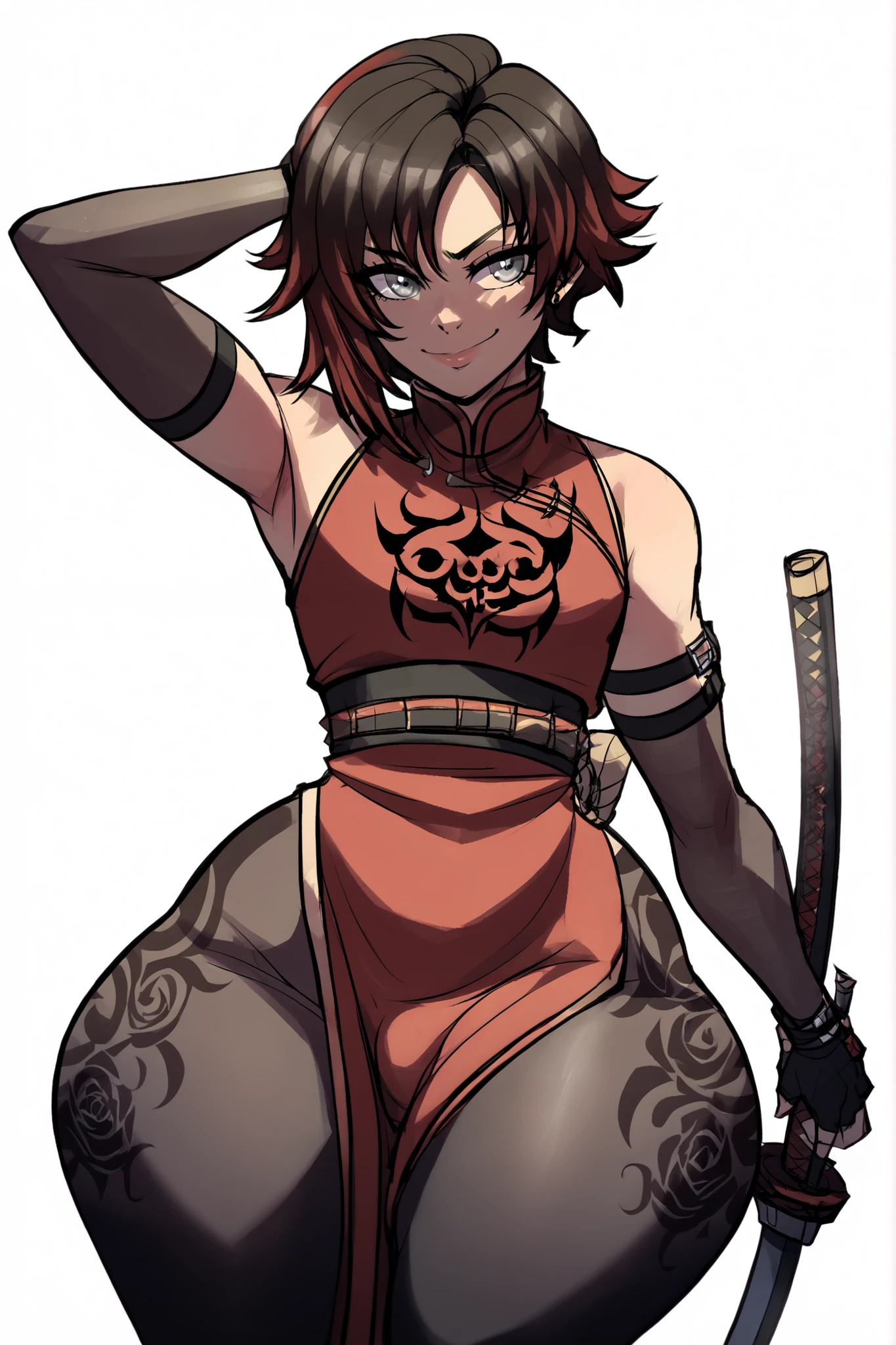 Masterpiece, Simple background, High Resolution, Accurate, Anatomically Correct, Best Quality, High Details, HD, High Quality, Stable, perfect face, blackwhiplash style,1 beautiful femboy ruby rose, silver eyes, cute face, femboy face, face foward, thicc, voluptuous, pawg, curvy,wide , thick thighs, thick , wearing a black belts, black fingerless gloves,sliver belt, very long red chinese dress,black leggings,red Gauntlet's, tekken outfit inspired, long mechanical sheathed katana